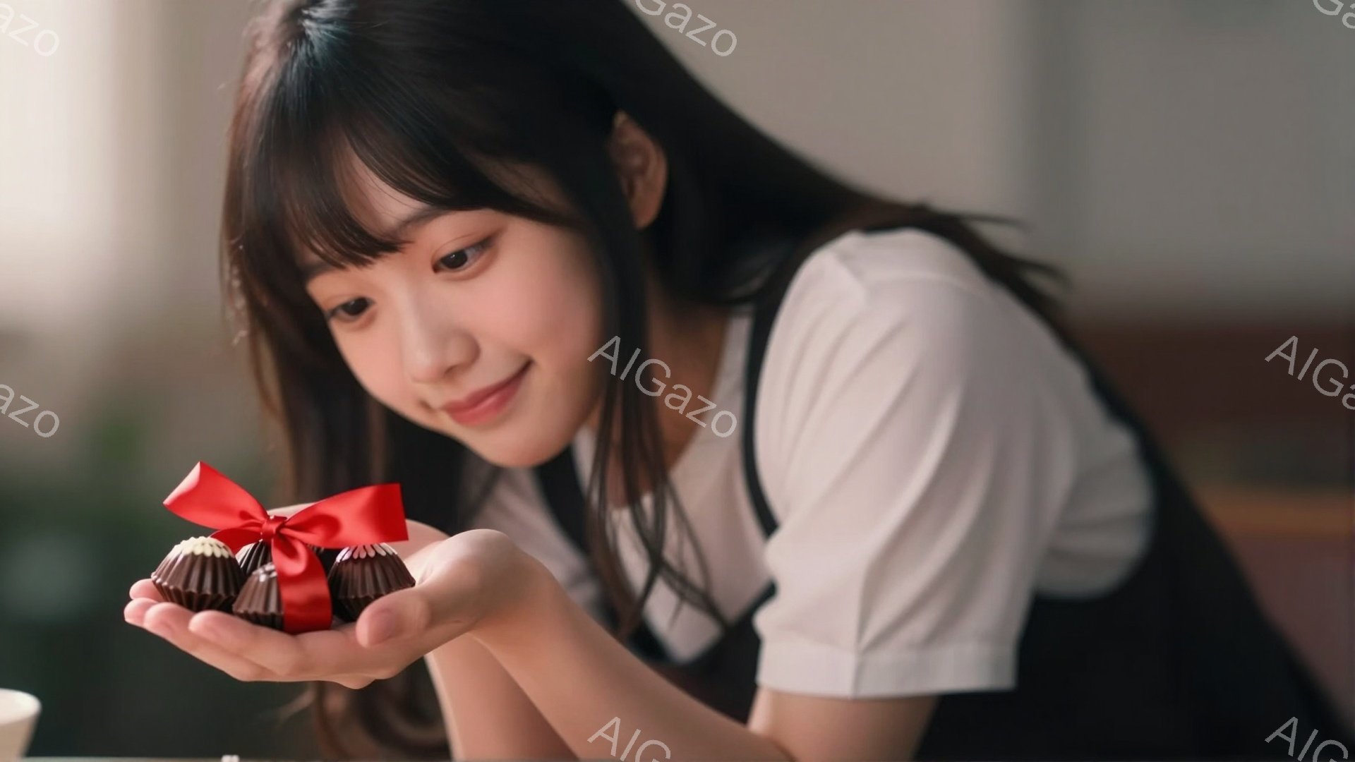 長い黒髪で、前髪は眉毛にかかるようにカットされた若い女性が写っている。白いTシャツと黒いエプロンを着ており、笑顔で赤いリボンで結ばれたチョコレートを両手に広げている。背景はぼかされているが、室内であることがわかる暖かく、優しい雰囲気の写真である。