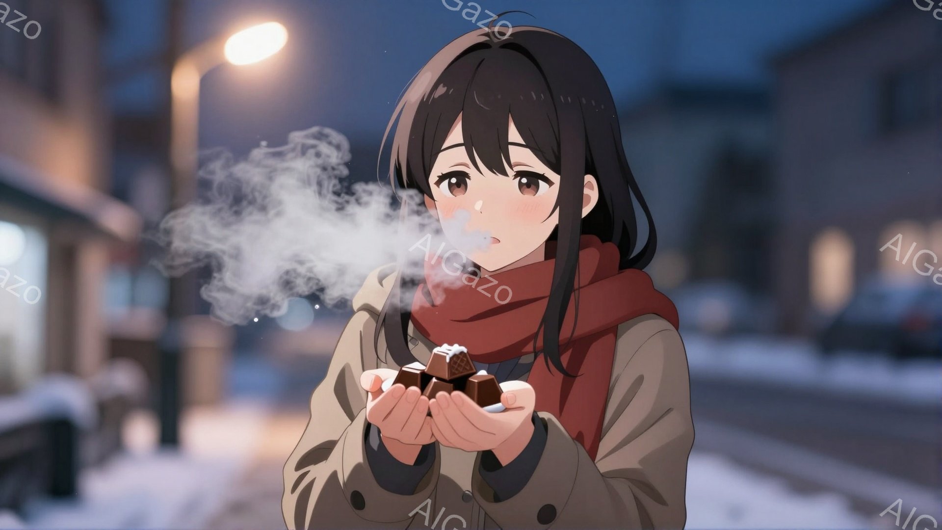 少女は、茶色のスカーフとベージュ色のコートを着て、両手にチョコレートを乗せています。彼女は少し微笑んでおり、チョコレートからは湯気が立ち上っています。背景には雪が積もった道路と、ぼんやりとした街並みが見え、冬の静かで温かい雰囲気が漂っています。