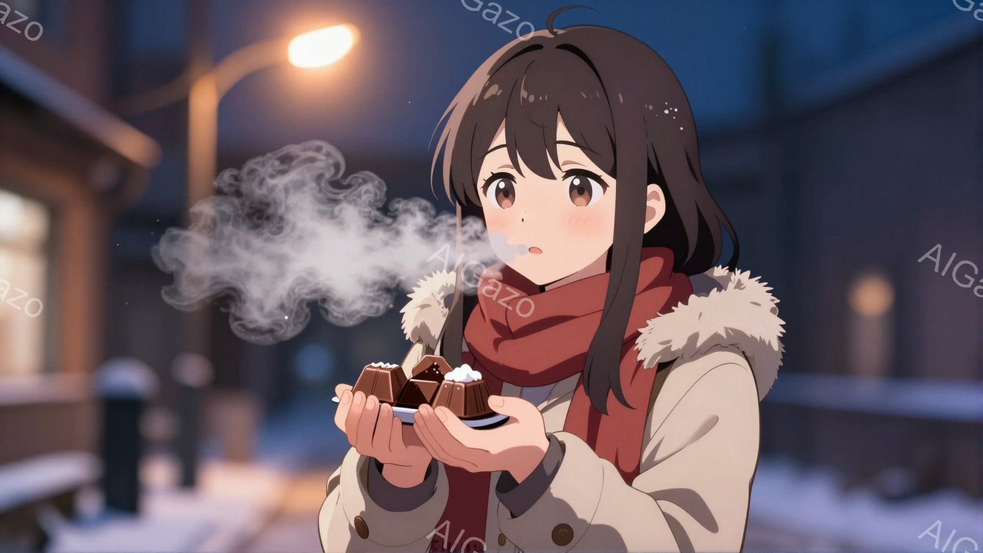 茶髪の少女が、蒸気を上げるチョコレートを両手に広げています。ベージュ色のファー付きのジャケットと赤いマフラーを身につけ、少し驚いた表情をしています。背景は雪景色で、夜の街並みと街灯がぼんやりと見え、温かく幻想的な雰囲気を醸し出しています。