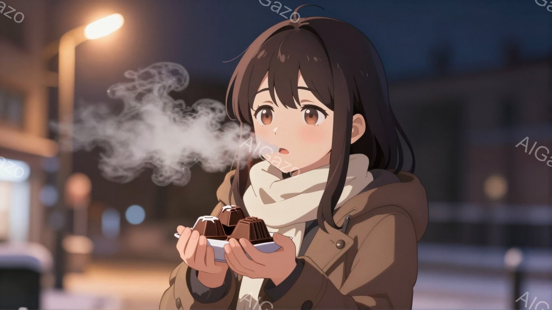 茶髪の女性が、蒸気を上げるチョコレートを両手に抱えています。彼女はベージュ色のコートと白いマフラーを身に着け、少し驚いたような表情をしています。背景にはぼやけた街並みと、夜の暗い空が広がっており、冷たい冬の夜の静かな雰囲気が漂っています。