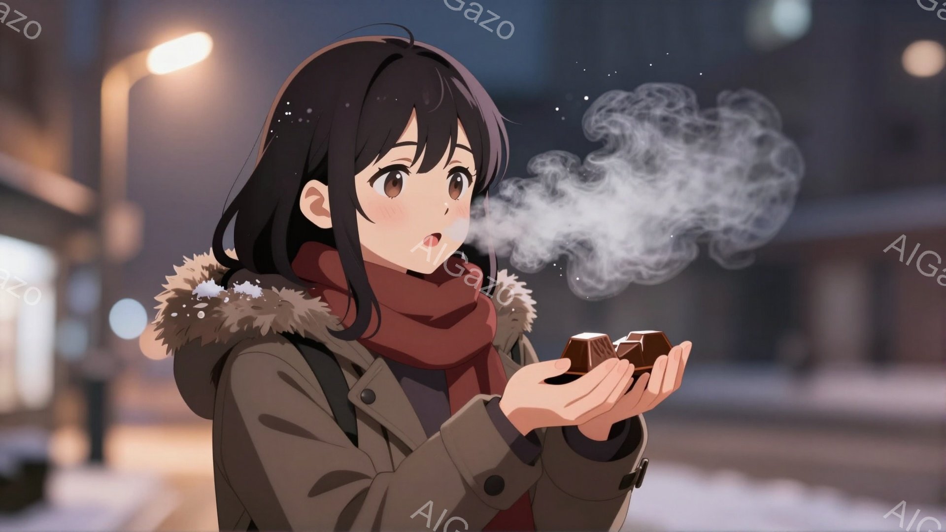 茶髪の女性が冬の街で温かいものを両手に広げ、湯気が立ち上っている。彼女はオリーブ色のパーカーと赤いマフラーを身につけ、少し驚いたような表情をしている。背景にはぼやけた建物と雪が舞う夜の風景が広がっており、温かく穏やかな雰囲気が漂っている。