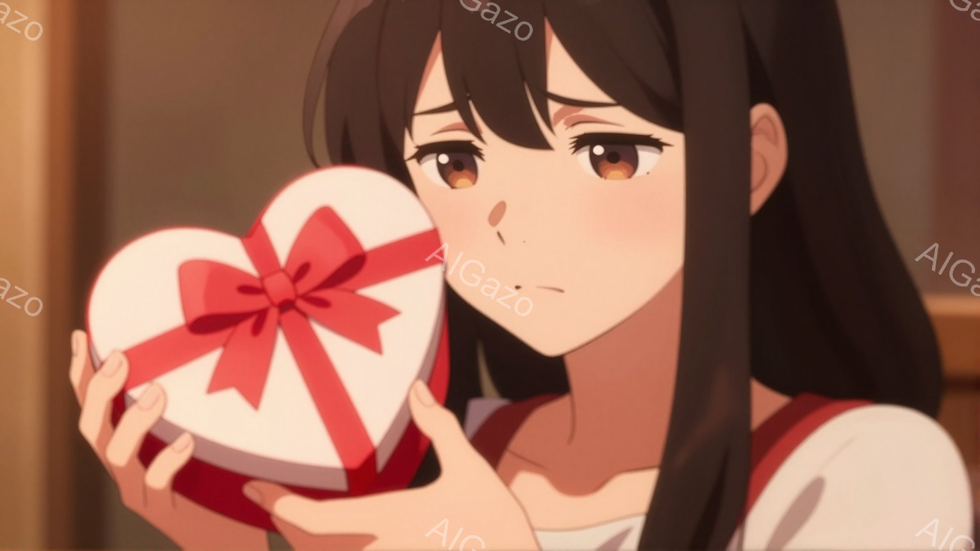 黒髪でつややかなロングヘアの女性が、赤いリボンで飾られた白いハート型のプレゼントを両手で抱えています。彼女はやや困惑した表情で、赤い縁取りの白いブラウスを着ています。背景はぼかされており、暖色系の照明 - AI生成フリー素材