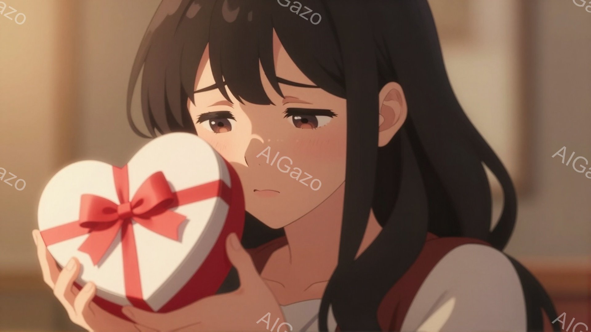 黒髪の少女がハート型の赤い箱を抱きしめています。彼女は短い前髪と、少し憂いを帯びた表情をしています。背景はぼやけており、暖かい光が差し込んでいるように見え、全体的に切なく優しい雰囲気を醸し出しています。