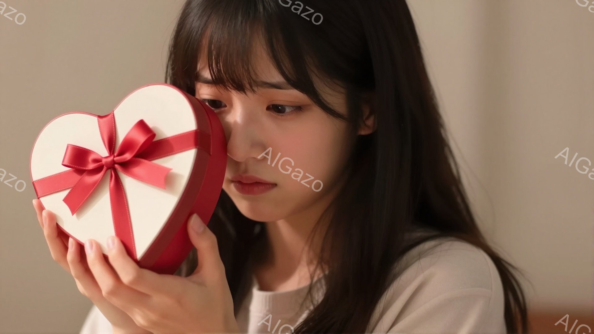 長い黒髪の女性が、赤いリボンで飾られたハート型の箱を両手で抱えています。彼女はクリーム色のシャツを着ており、少し憂いを含んだ表情で箱を見つめています。背景はぼかされており、暖色系の柔らかい光が彼女を照 - AI生成フリー素材