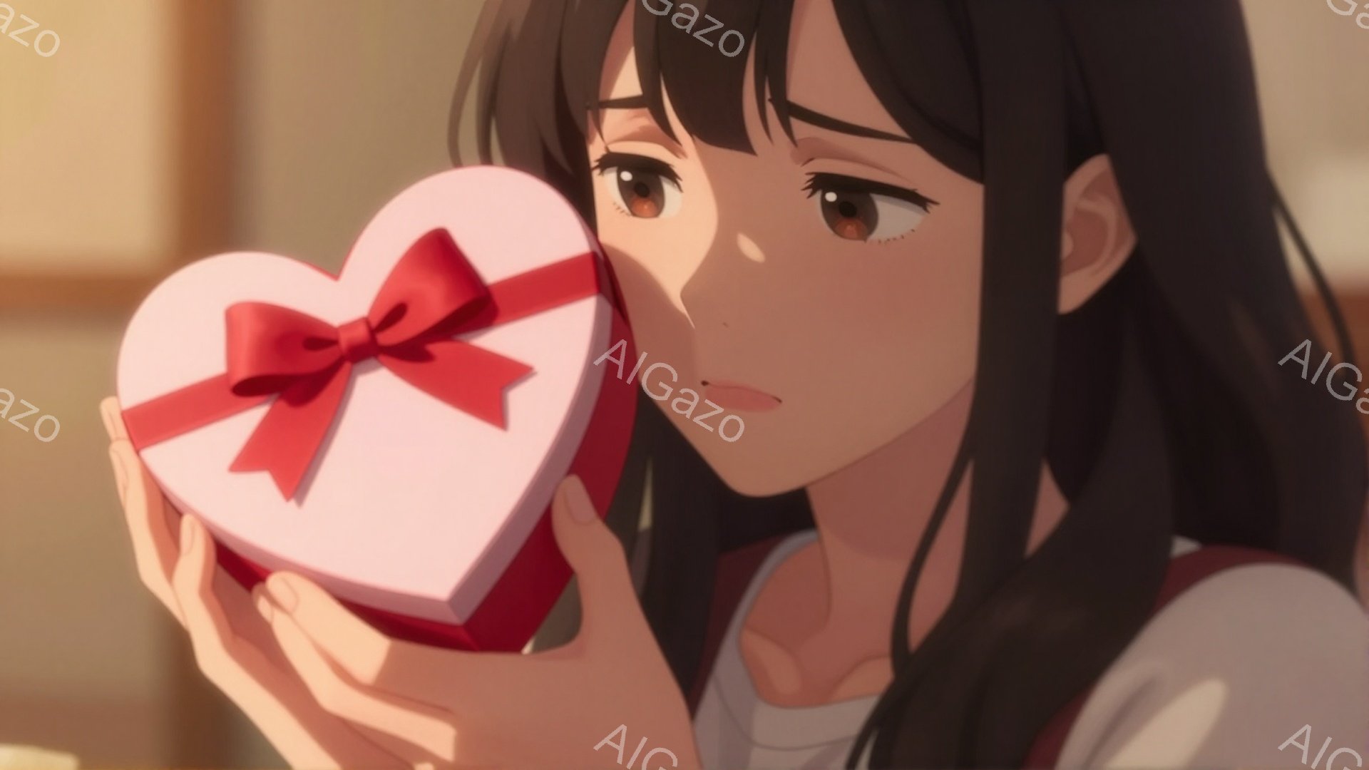 黒髪の少女がハート型のピンク色の箱を両手で抱えています。彼女は白いシャツに赤いセーターを着ており、少し照れたような優しい表情をしています。背景はぼやけていますが、暖色系の光が差し込んでおり、全体的に穏 - AI生成フリー素材