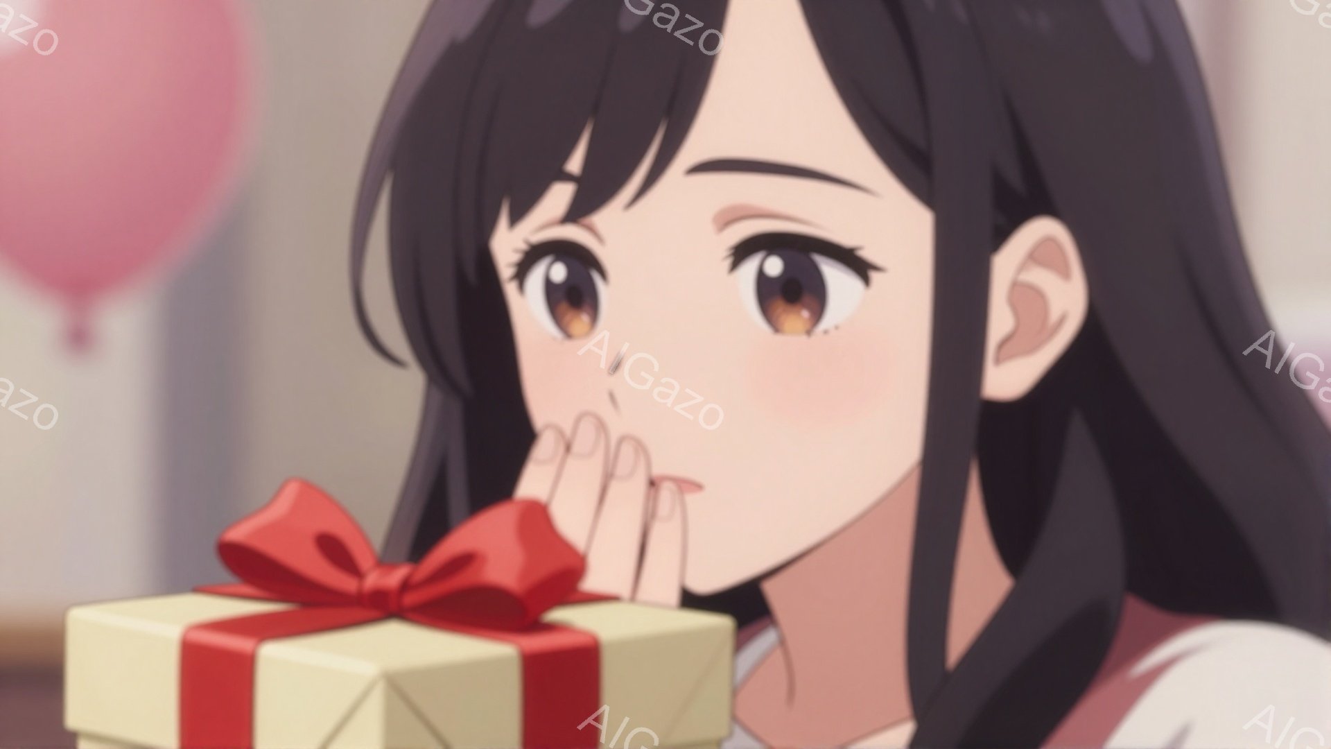 黒髪で、前髪が少しカールしている女性が描かれています。白いシャツを着ており、顔はプレゼントの箱に向かってわずかに傾いています。背景にはぼやけたピンク色の風船があり、全体的に温かく、喜びに満ちた雰囲気です。