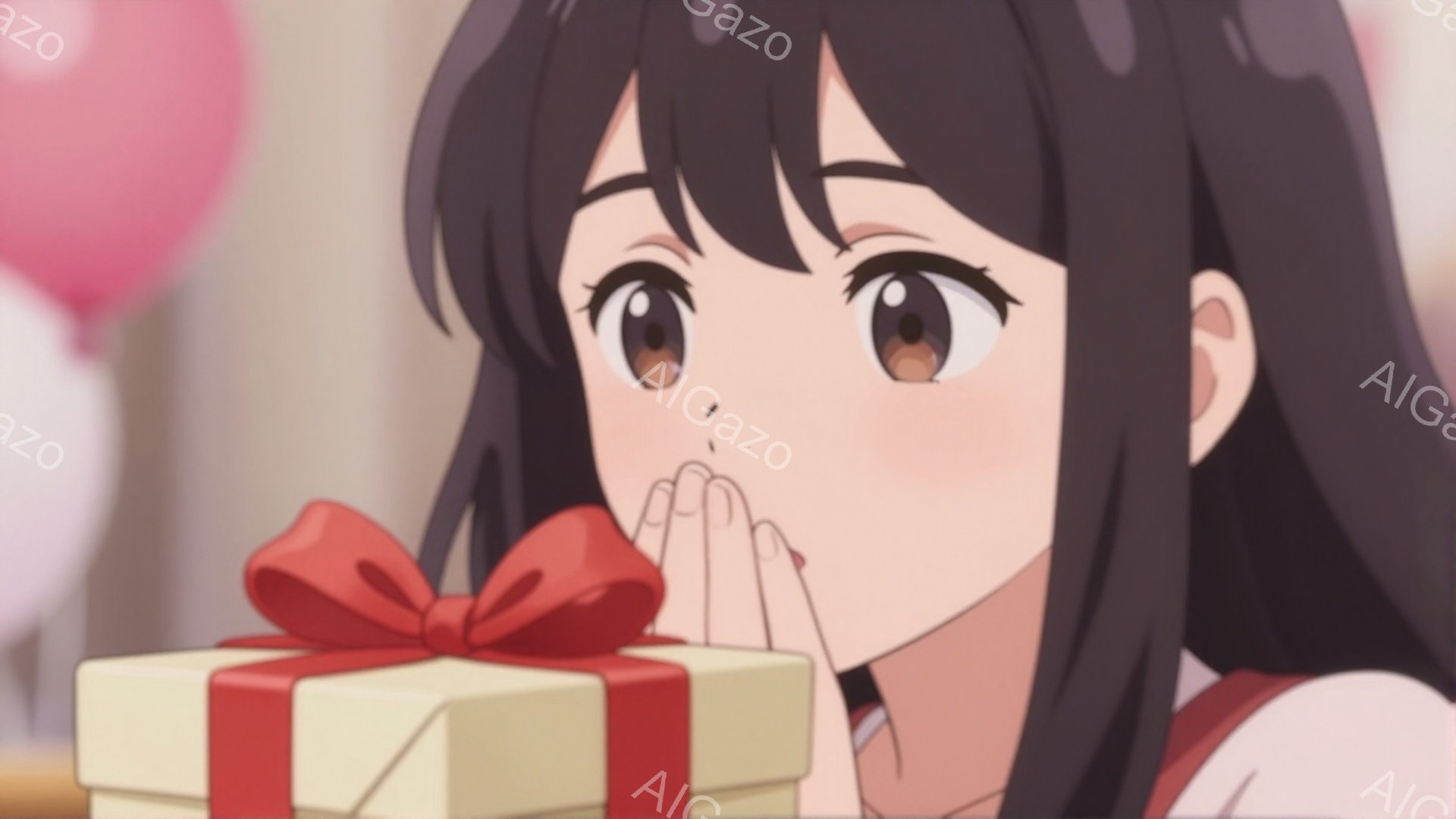 黒髪の少女がプレゼントの箱を見つめている。彼女は赤いリボンで飾られた箱の前で両手を口に当て、驚いた表情をしている。背景にはぼやけたピンク色の風船が見え、全体的に華やかで喜びを感じさせる雰囲気である。