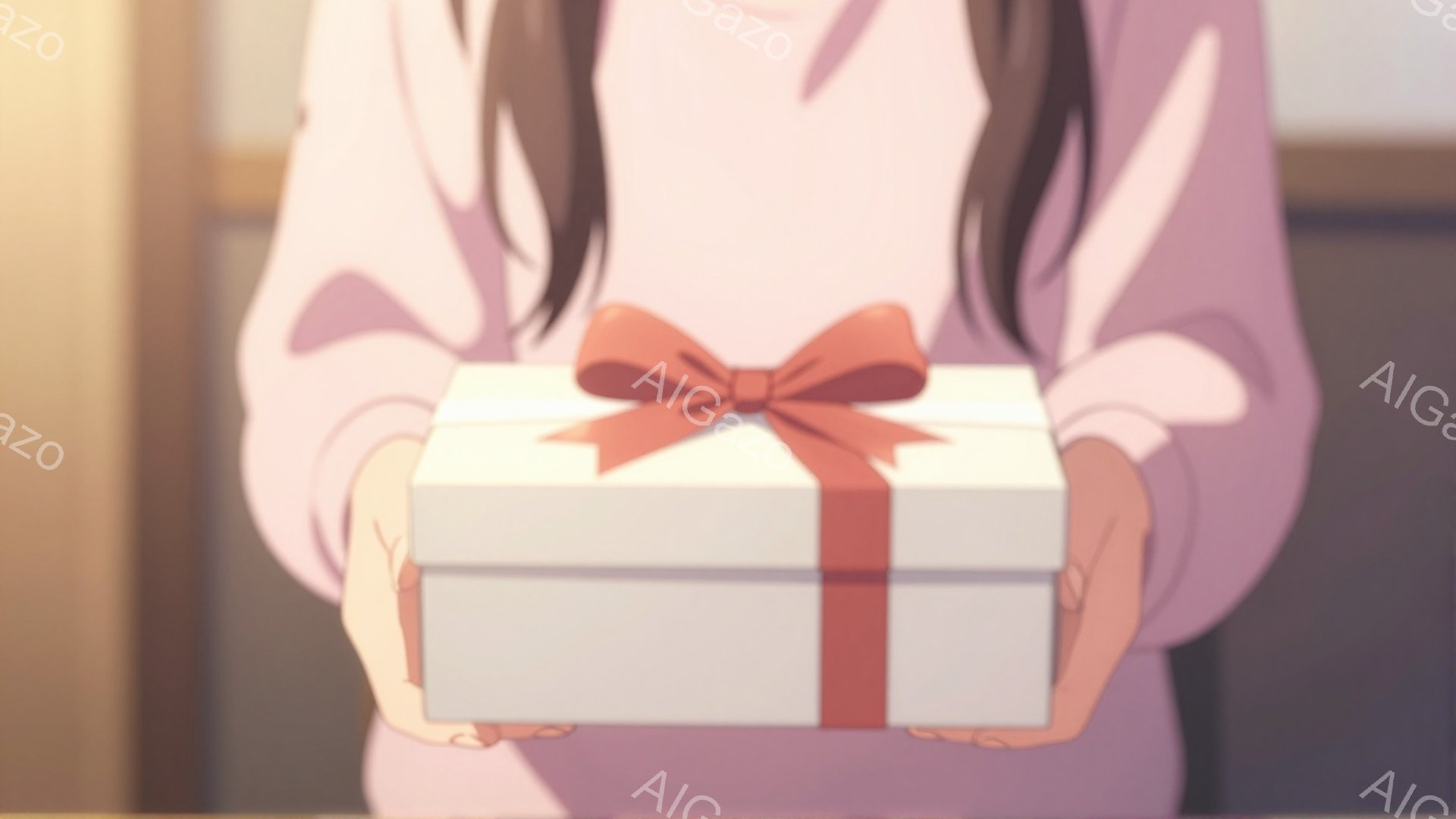 薄いピンク色のセーターを着た人物が、赤いリボンで結ばれた白いギフトボックスを両手で差し出している。髪は長く、肩にかかっているが、顔はフレームに収まっていない。背景はぼやけており、室内か、あるいは明るい日の光が差し込む場所であるようだ。