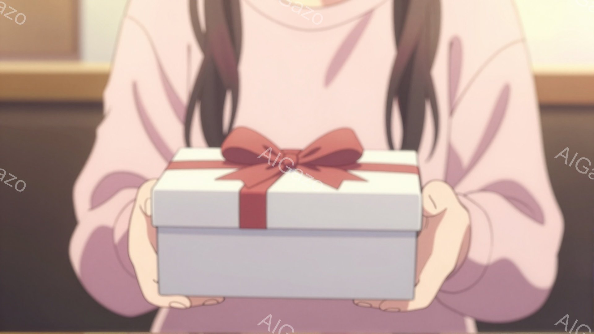 長い茶色の髪をした女性が、両手で白いリボンで結ばれた小さな白い箱を持っています。彼女は薄いピンク色のセーターを着ており、背景はぼやけていますが、おそらく室内でしょう。全体的に、穏やかで優しい雰囲気が漂 - AI生成フリー素材