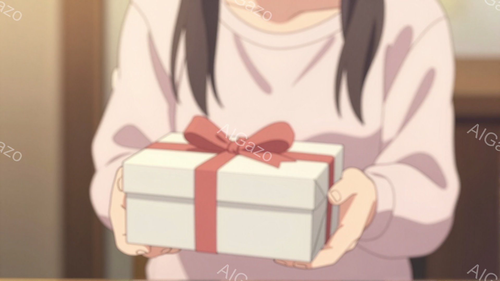 長い黒髪の女性が、赤いリボンで結ばれた白い箱を両手で持っています。彼女は薄いピンク色のセーターを着ており、表情ははっきりと見えませんが、箱を丁寧に差し出している様子から温かい雰囲気が伝わってきます。背 - AI生成フリー素材