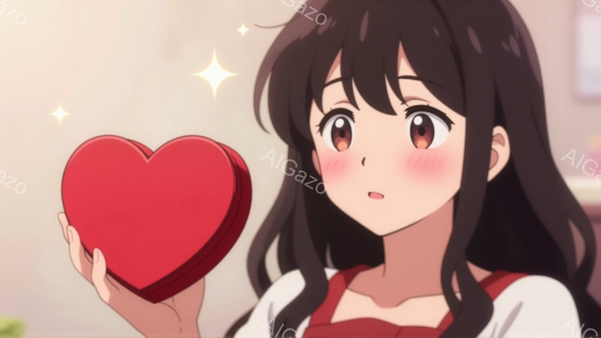黒髪の少女が、赤いハート型の箱を両手で抱えています。彼女は白いシャツに赤いリボン、そして少しクリーム色のセーターを着ており、驚いたような、少し照れたような表情をしています。背景はぼやけていますが、室内 - AI生成フリー素材