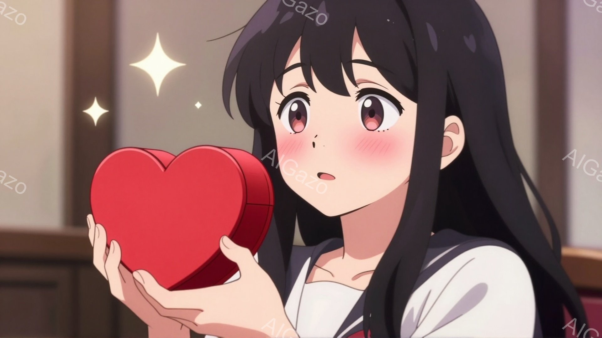 長い黒髪に赤いリボンをつけた少女が、大きな赤いハート型の箱を両手で抱えています。彼女は驚いたような表情で頬を赤らめ、白いセーラー服を着ています。背景はぼやけており、暖色系の壁が見えますが、全体的に優し - AI生成フリー素材