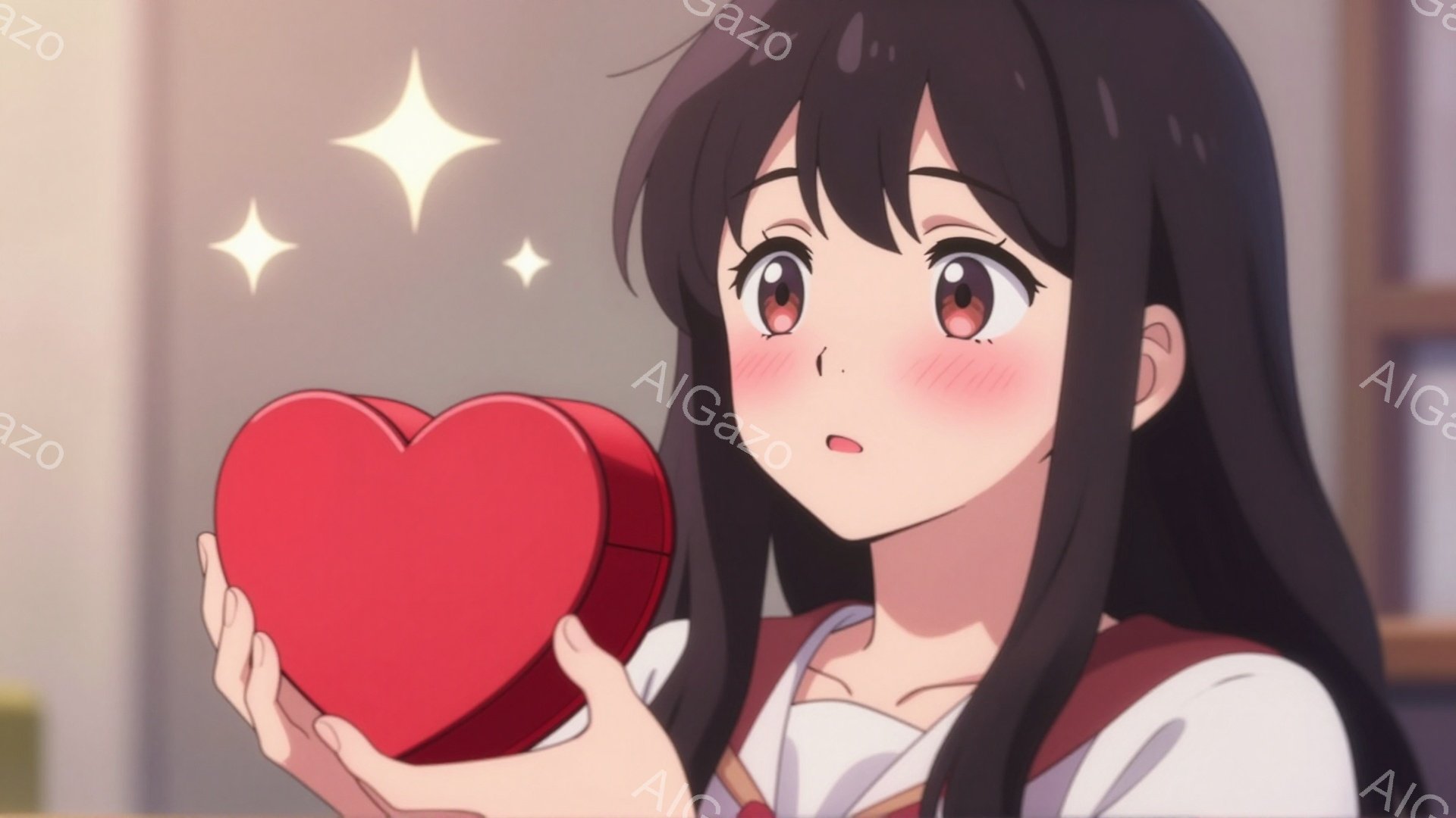黒髪で、前髪は少しふさふさしており、大きな瞳の少女が描かれています。彼女は赤いハート型の箱を両手で抱え、驚いたような、照れたような表情をしています。背景は少しぼやけており、部屋の一角がうかがえますが、全体的に柔らかく、甘い雰囲気が漂っています。