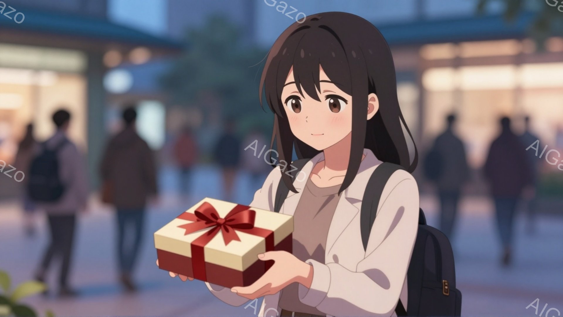 黒髪の少女が、赤いリボンで飾られたプレゼントの箱を両手で差し出しています。白いシャツと薄い色のジャケットを着ており、黒いリュックサックを背負っています。背景には、ぼやけた人々と建物が見え、夕暮れ時の穏やかな雰囲気が漂っています。