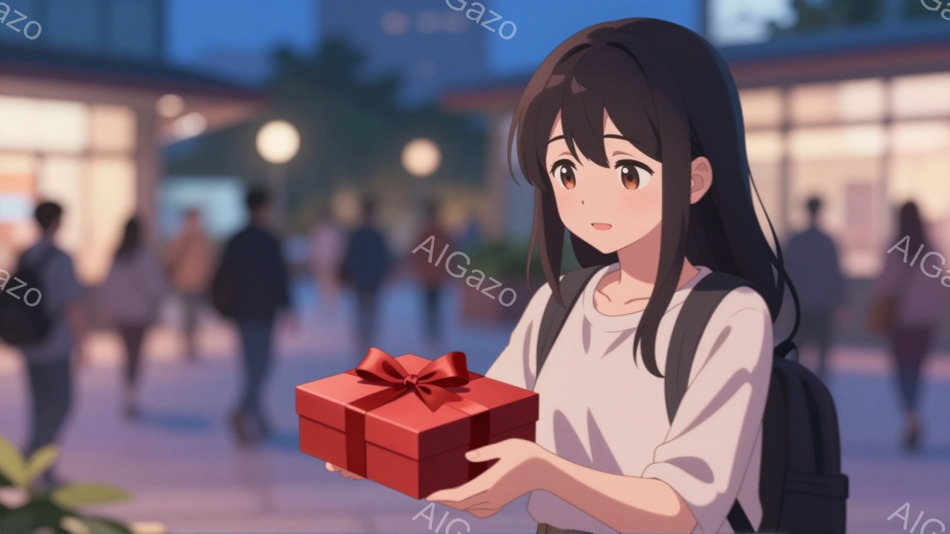 黒髪の少女が赤いプレゼントの箱を両手で差し出している。白いブラウスと黒いリュックサックを背負い、優しい笑顔を浮かべている。背景には夜の街並みが見え、ぼんやりとした人影と光が暖かく、穏やかな雰囲気を醸し - AI生成フリー素材