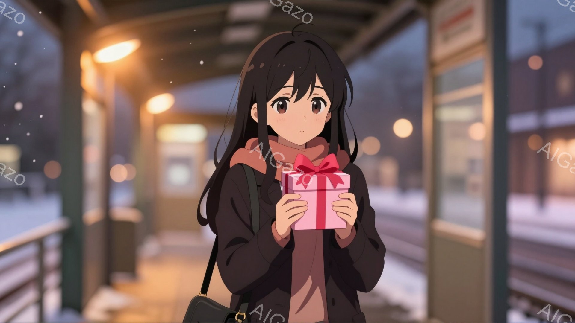 黒髪の少女が、ピンク色のリボンで飾られたギフトボックスを両手で抱えています。彼女は黒いジャケットとピンク色のマフラーを身につけ、少し不安そうな表情をしています。背景には、ぼやけた街並みと降雪が確認でき、全体的に静かで物憂げな雰囲気が漂っています。