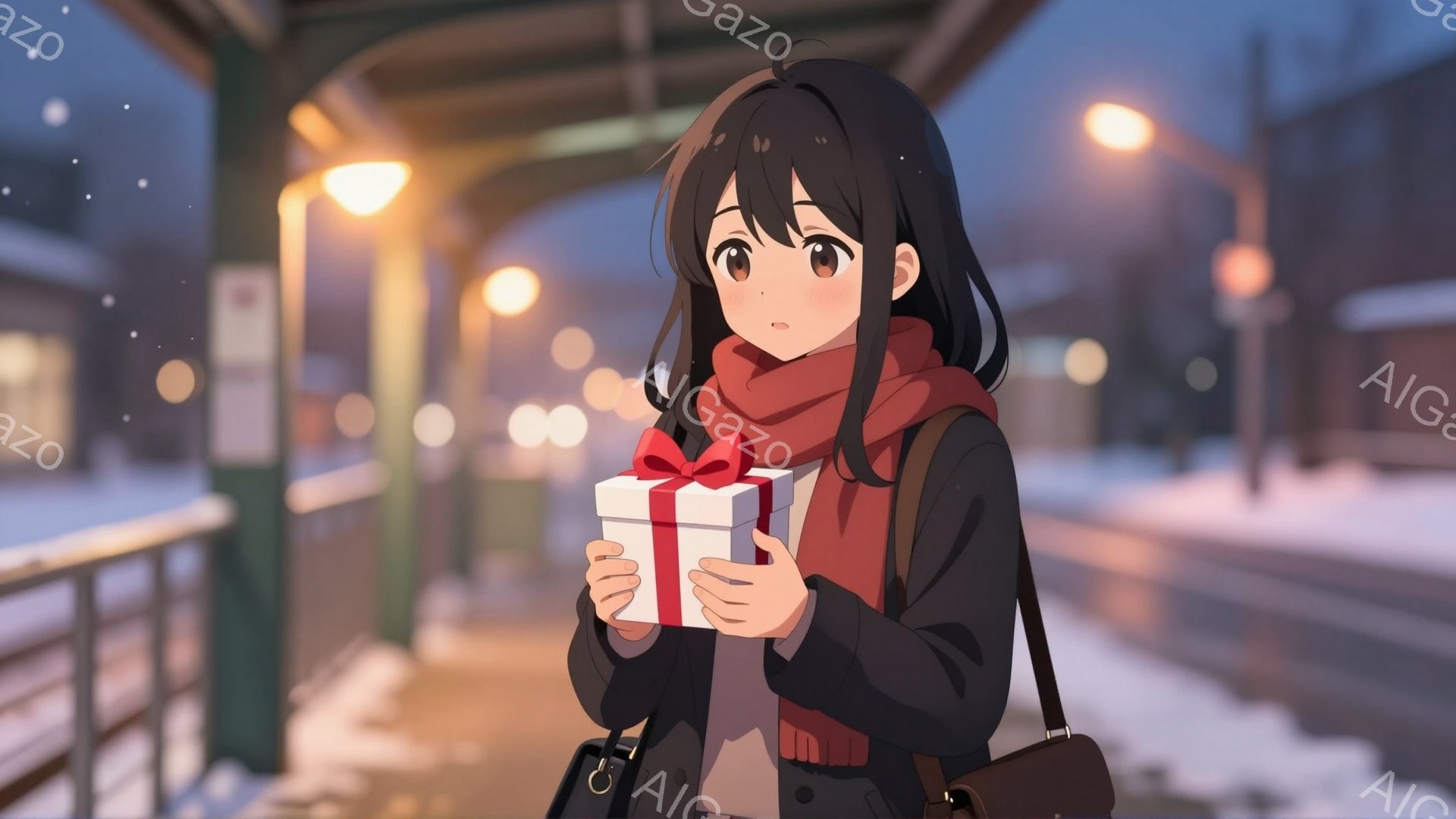 黒髪の少女は赤いマフラーと黒いジャケットを着て、白いプレゼントを両手で抱えています。彼女は少し不安そうな表情で、どこかを見つめています。背景は夜の街並みで、雪が降っており、道路と街灯がぼんやりと光っています。