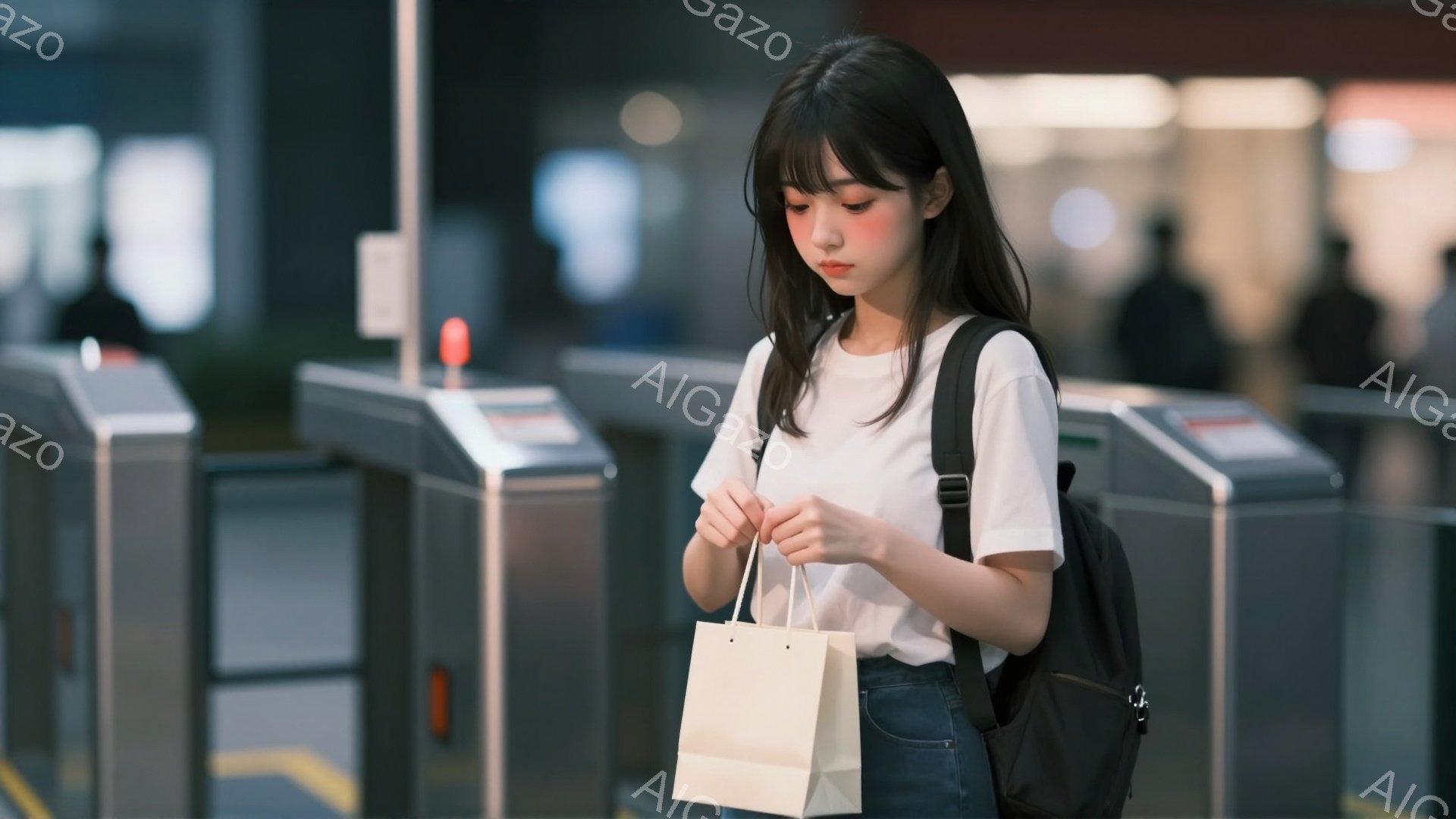 若い女性が改札の前で白い紙袋を手に持っている。彼女はデニムのジーンズと白いTシャツを着ており、黒いリュックサックを背負っている。少しうつむき加減で、物憂げな表情をしているため、どこか寂しげな雰囲気が漂っている。