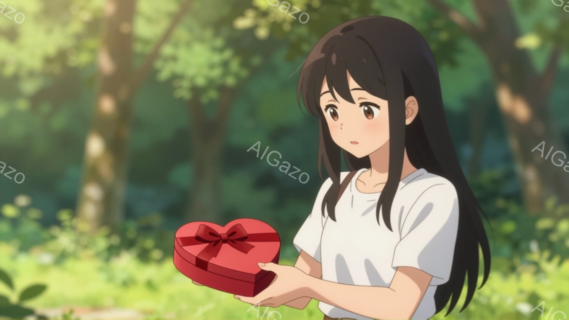 黒髪で肩まで届く長さの髪を持つ少女が、赤いハート型の箱を両手で持っています。白いTシャツと短パン姿で、少し照れたような表情を浮かべています。背景には緑豊かな自然が広がり、木々の間から光が差し込み、穏や - AI生成フリー素材