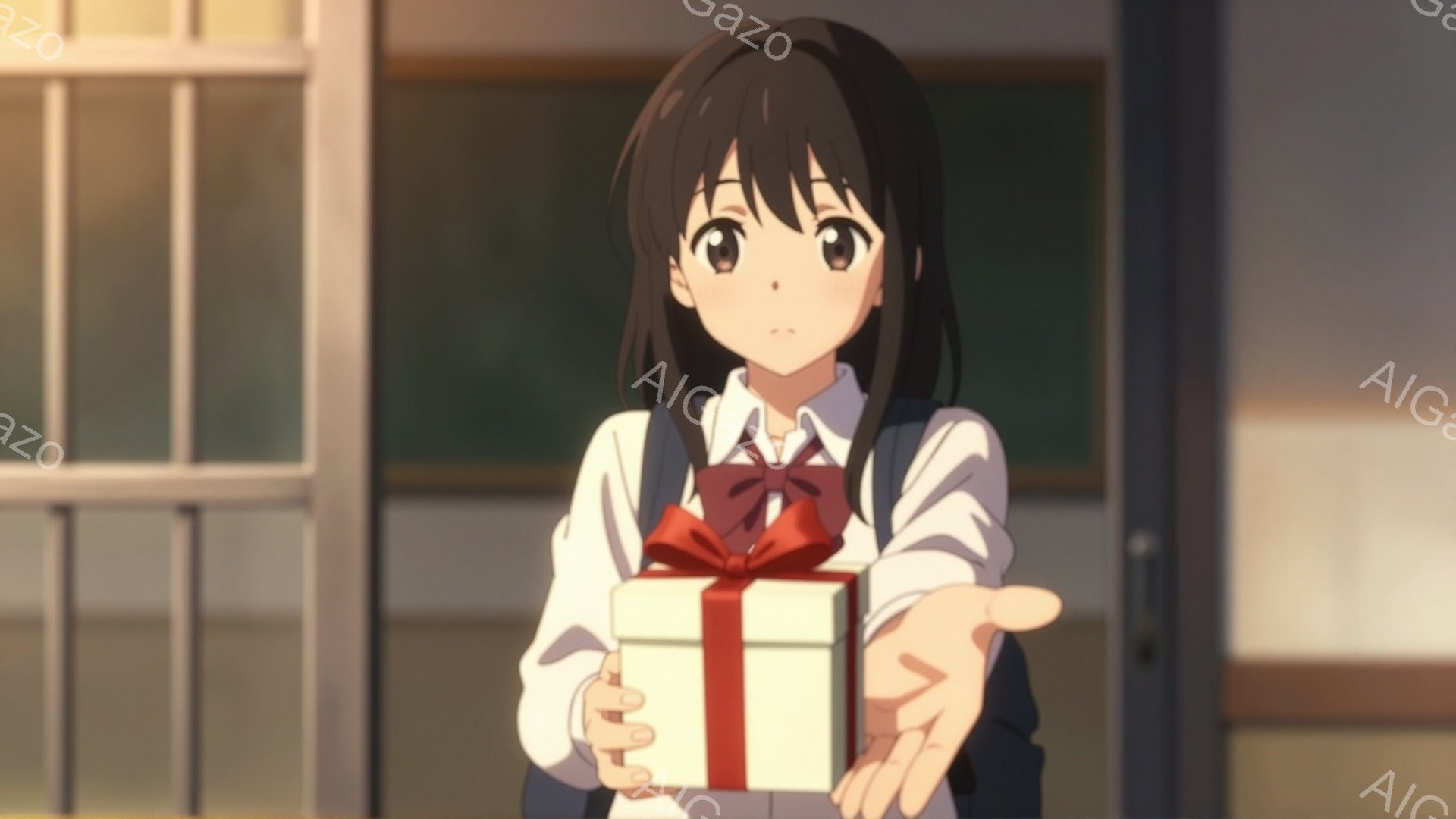 黒髪の少女が白い制服を着て、赤いリボンを付け、両手を前に伸ばして白いリボンで飾られた小さな白いギフトボックスを差し出している。彼女の表情は穏やかで少し照れくさそうに見える。背景には格子状の窓があり、全 - AI生成フリー素材