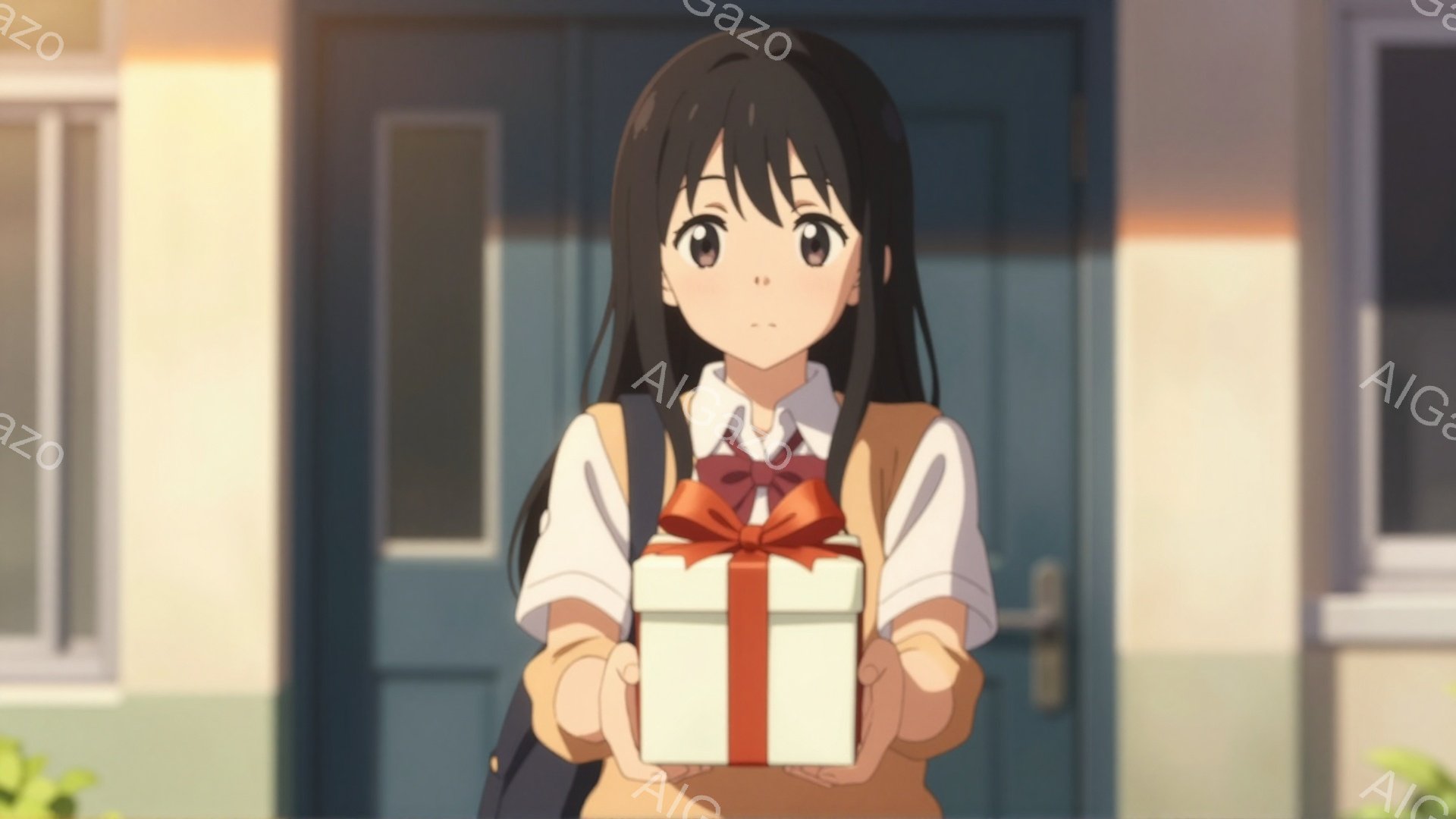 黒髪の少女が正面を向いて立っており、白いブラウスに黄色のベスト、赤いリボンを付けている。彼女は両手で白いリボンで結ばれた四角いプレゼントの箱を持っており、少し照れたような優しい表情をしている。背景には - AI生成フリー素材