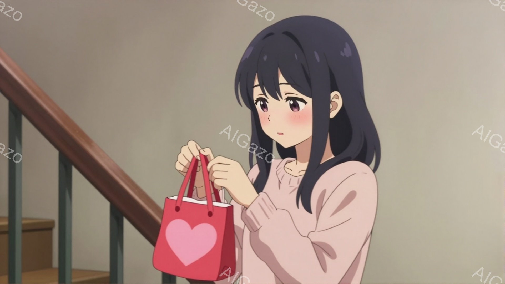 黒髪の少女が、淡いピンク色のセーターを着て、赤いハートの絵柄が描かれた小さな手提げバッグを持っています。彼女は少し照れたような表情で、バッグの持ち手を握りしめています。背景は、手すりのある白い壁と階段 - AI生成フリー素材