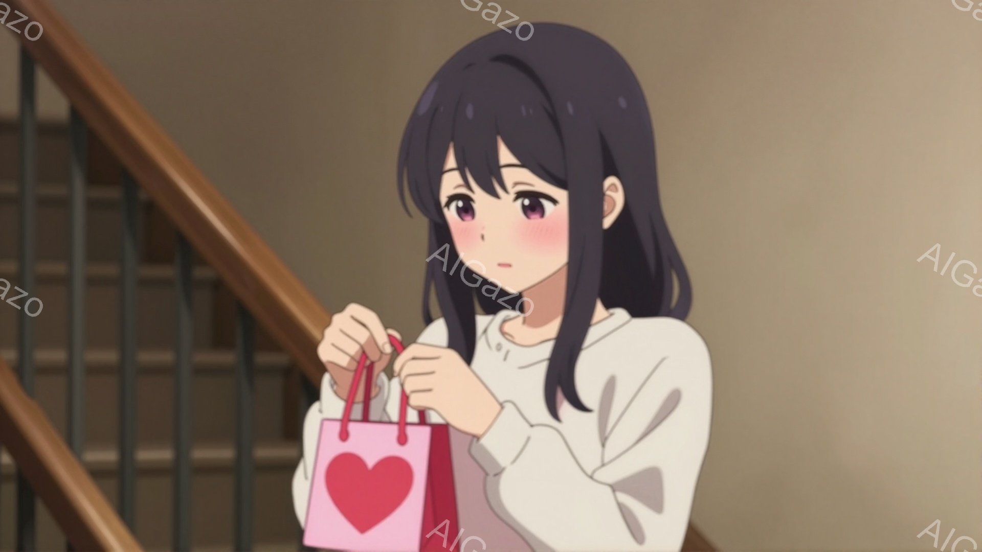 黒髪で長い髪の女性が描かれています。白いスウェットシャツを着ており、ピンク色のハートが描かれたショッピングバッグを持っています。彼女は階段のそばに立っており、少し恥ずかしそうな表情を浮かべています。