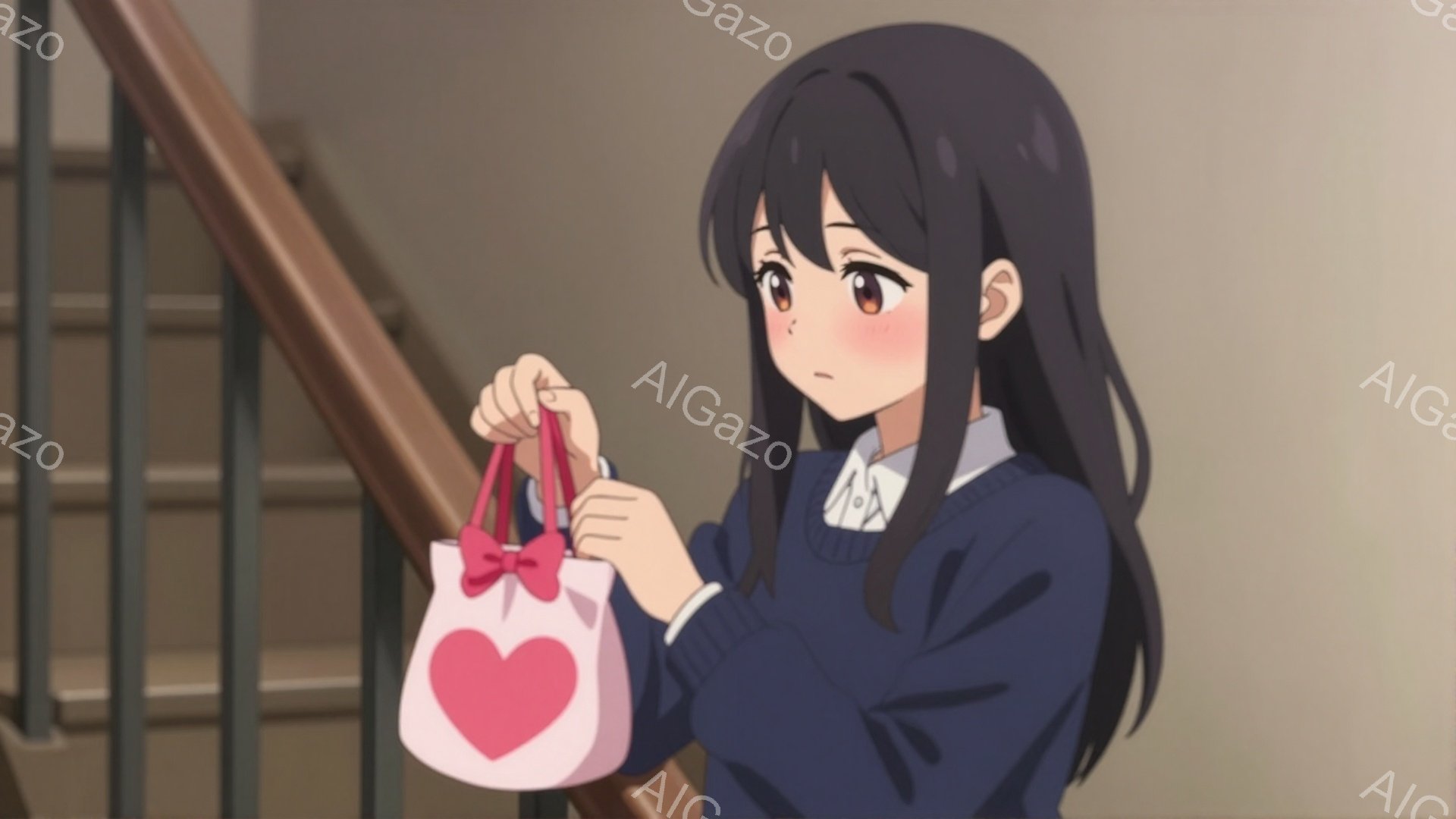 暗い髪の少女は紺色のセーターと白いシャツを着ており、肩までかかる前髪が特徴的です。彼女はピンク色のハートが描かれた小さな手提げバッグを両手で抱え、少し恥ずかしそうな表情をしています。背景には階段があり、建物の中の様子であることがわかります。