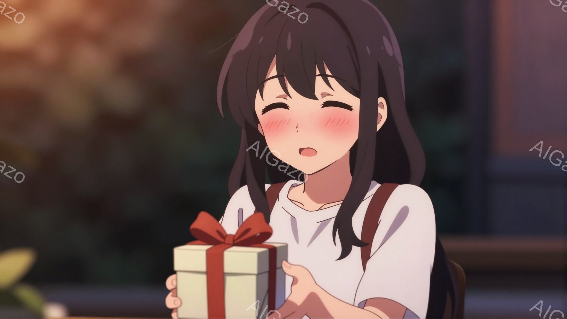 長い黒髪で、前髪はぱっつんと切られています。白いシャツに赤いリボンが結ばれており、少し照れたような表情で両手にギフトボックスを持っています。背景はぼやけていますが、緑豊かな植物が見え、温かく優しい雰囲気を醸し出しています。