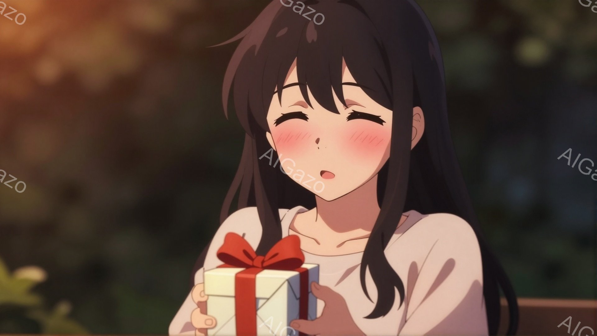 長い黒髪の少女がプレゼントを抱え、頬を赤らめて微笑んでいます。白いシャツを着ており、背景には緑豊かな自然がぼやけて見え、柔らかく暖かい光が差し込んでいます。全体的に、幸せで甘い雰囲気が漂っています。 - AI生成フリー素材