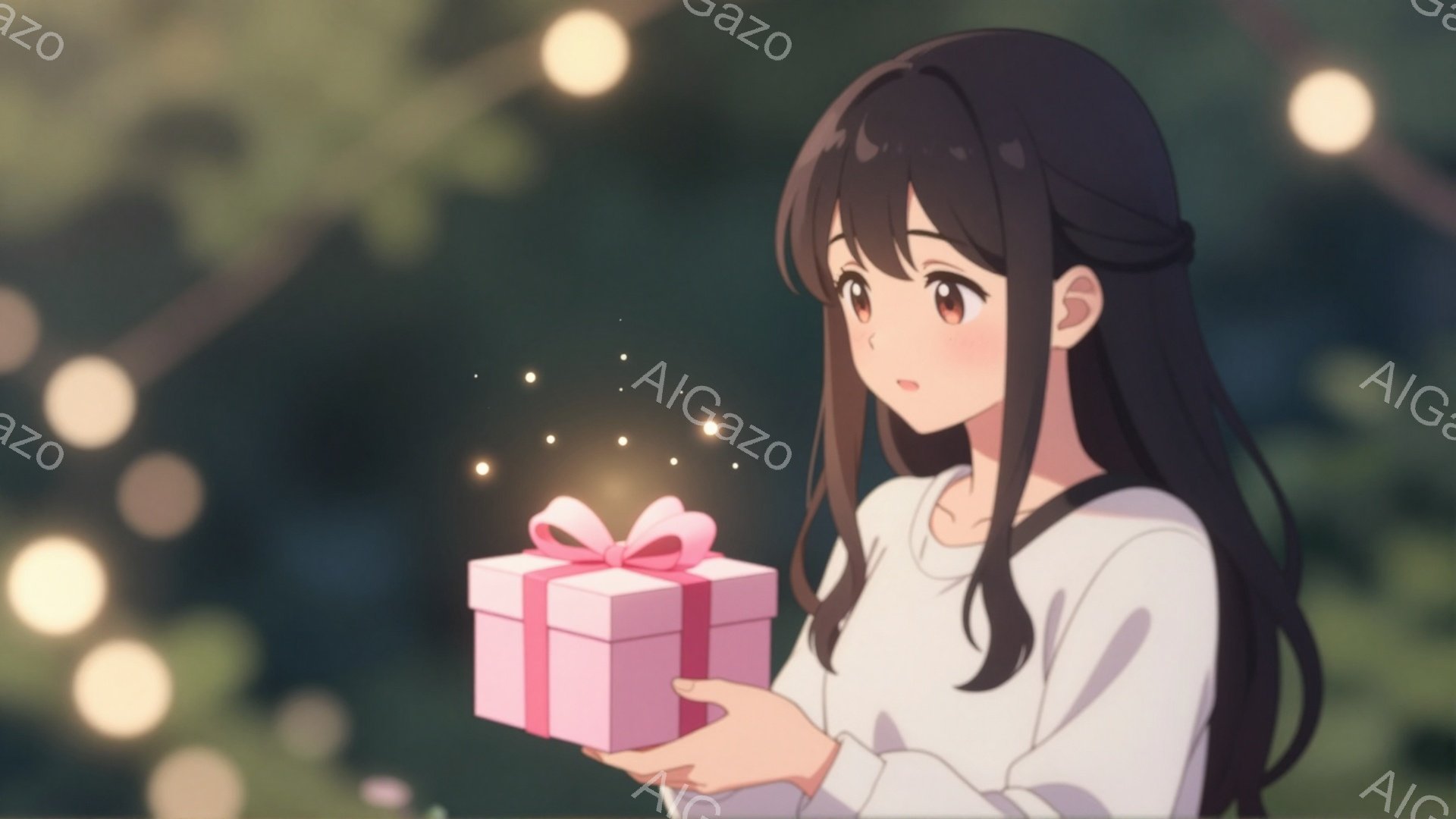 長い黒髪にゆるいウェーブがかかった少女が、ピンク色のリボンのかかった小さなギフトボックスを両手で抱えています。白いセーターを着ており、少し微笑み、希望に満ちた表情をしています。背景にはぼやけた緑と、星のような光の粒子が散りばめられており、夢見がちな、幻想的な雰囲気を醸し出しています。