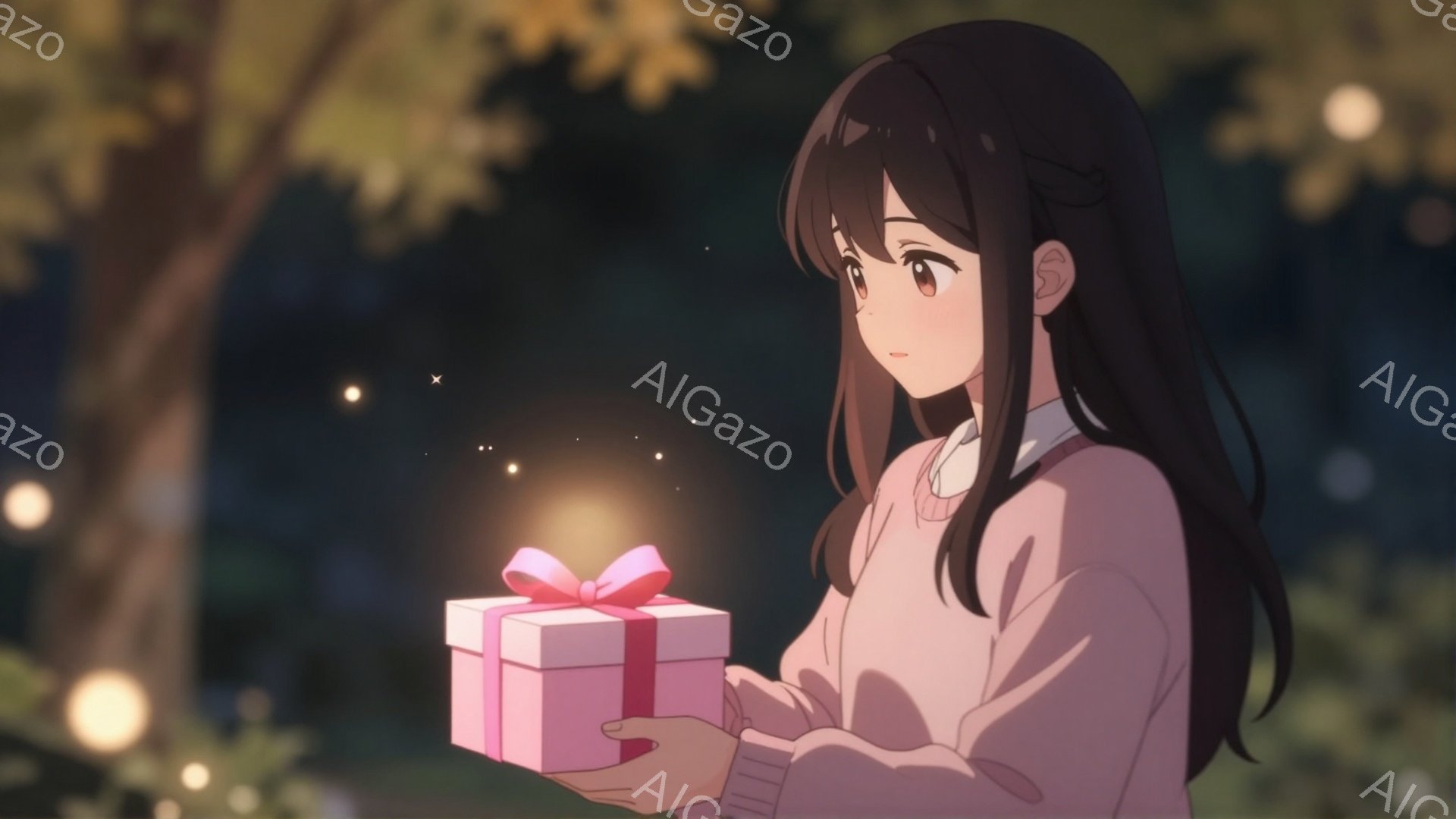 暗い背景の中で、黒髪の少女がピンク色のリボンで結ばれたプレゼントを両手で抱えています。彼女は淡いピンク色のセーターを着ており、少し物憂げな表情をしています。背景にはぼやけた木々と、ほのかに光る光の粒子があり、幻想的な雰囲気を醸し出しています。