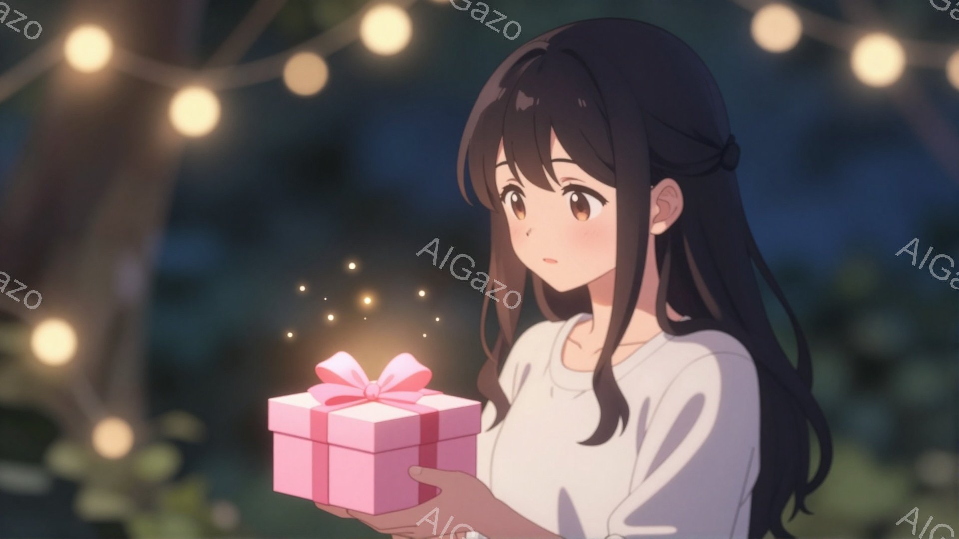 長い黒髪をサイドで少し編み込み、白いセーターを着た若い女性が描かれています。彼女は両手でピンク色のリボンで飾られたギフトボックスを持っており、箱から光の粒子が舞い上がっています。背景にはぼやけた緑があり、上には暖かい光を放つ電飾が並び、全体的に優しい雰囲気が漂っています。