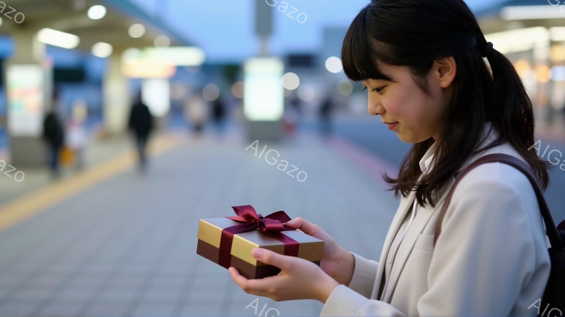 若い女性が、リボンで飾られた小さなギフトボックスを両手で抱えています。彼女は白いシャツとジャケットを着ており、前髪を短くしたダークヘアスタイルです。背景には、人影とぼやけた街並みが見え、薄暗い光景から少し物憂げな雰囲気が漂っています。
