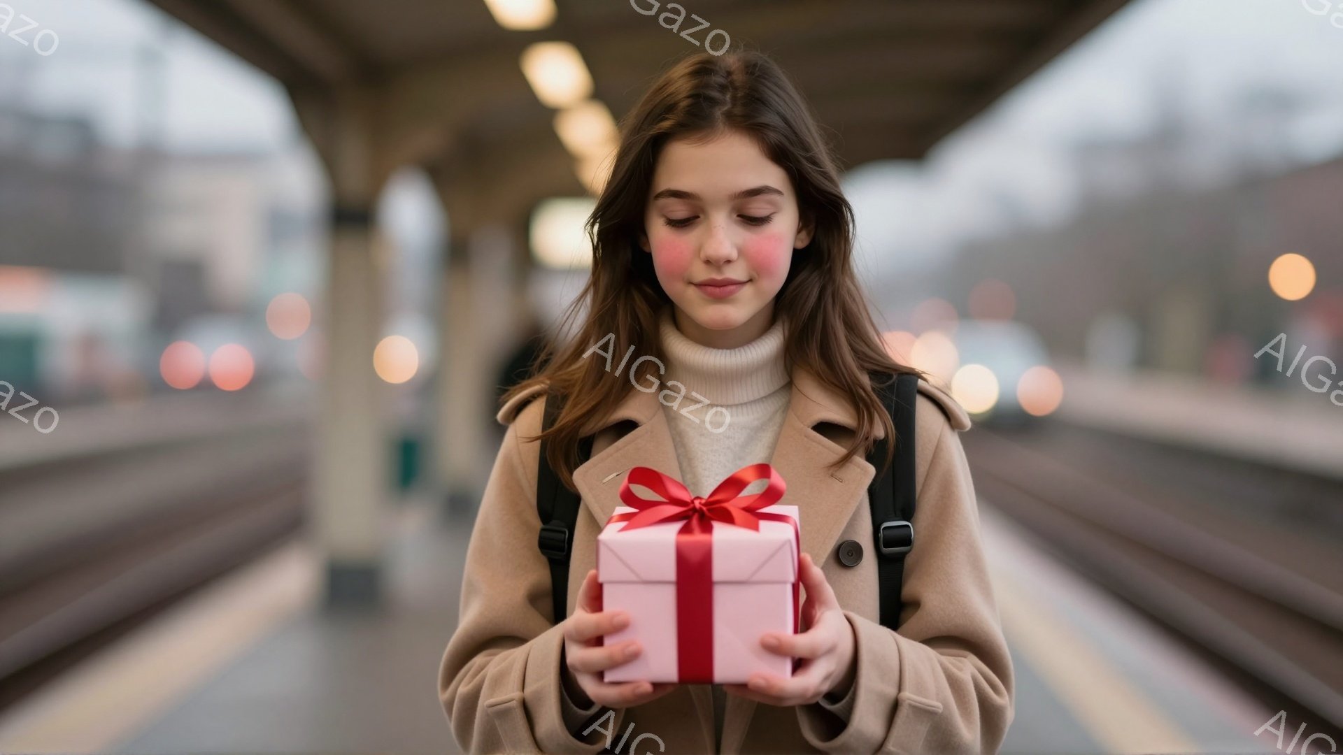 若い女性が、明るいピンクのリボンで飾られた四角いギフトボックスを両手で抱えています。ベージュのコートと白いセーターを着ており、髪は肩まで伸びて自然なカールを描いています。背景は鉄道のプラットフォームで、ぼやけた光が暖かさを添え、女性は穏やかで幸せそうな表情を浮かべています。