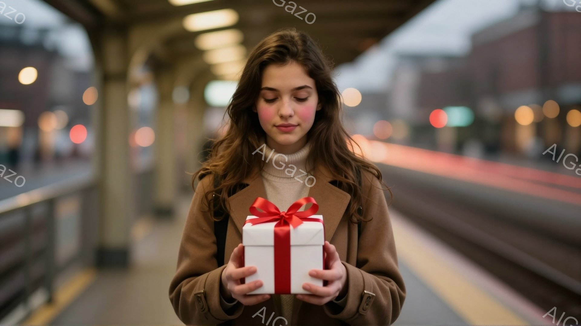 長い茶色の髪の女性が、赤いリボンで結ばれた白いギフトボックスを両手で抱えています。彼女はベージュのセーターと茶色のコートを着ており、わずかに微笑んでいます。背景は鉄道駅のプラットフォームで、ぼやけた列車と建物の輪郭が見え、全体的に温かく穏やかな雰囲気が漂っています。