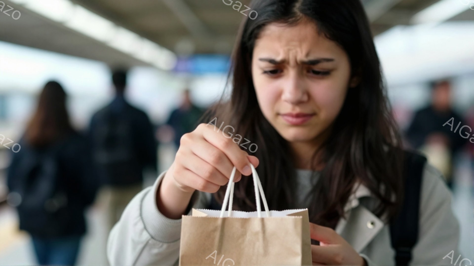 若い女性が茶色の紙袋を持ち、眉をひそめて心配そうな表情をしています。彼女はベージュ色のジャケットを羽織り、長い黒髪を無造作に垂らしています。背景にはぼやけた人影があり、天井の照明が照らされた室内のような場所で、やや憂鬱な雰囲気が漂っています。