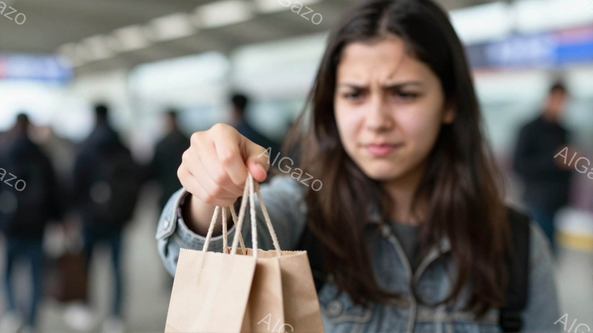 若い女性が紙袋の持ち手を握り、何かを懸念しているような表情をしています。彼女はデニムジャケットと黒い服を着ており、髪は肩までの長さで、少しカールしています。背景はぼやけていますが、多くの人々がいて、駅やショッピングモールの内部のような場所だと推測できます。