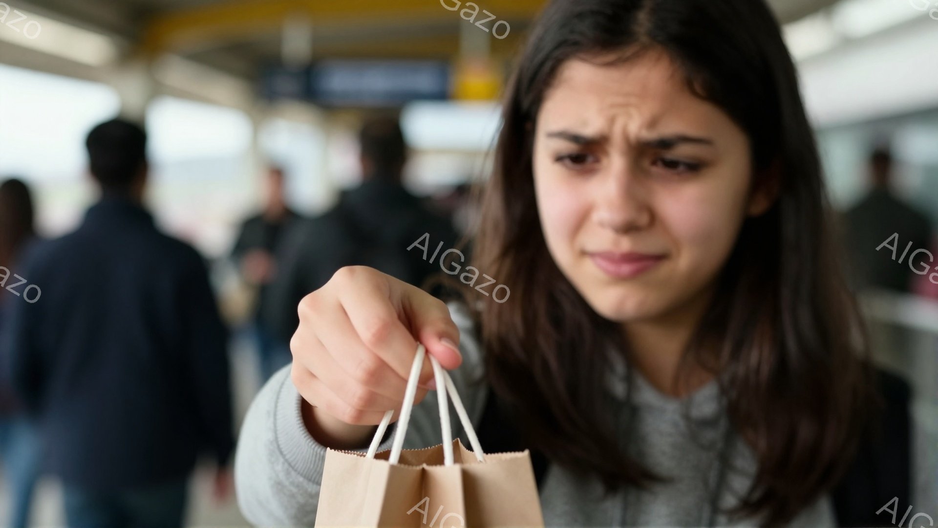 若い女性が茶色の紙袋を手に持っており、困惑した表情をしています。彼女はグレーのセーターを着ており、長い茶色の髪が顔の周りに散らばっています。背景はぼやけていますが、他の人々や、おそらく駅やショッピングモールの内部のような場所であることがわかります。