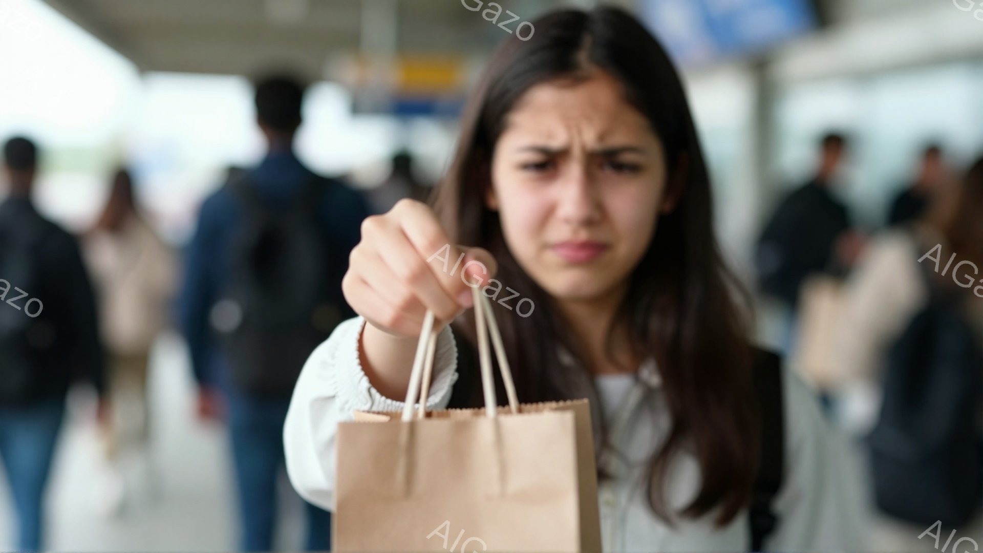 若い女性が紙袋を持ち、困惑した表情をしています。彼女は白いブラウスを着ており、長くゆるい髪型をしています。背景には、ぼやけた人々がおり、おそらく駅やショッピングモールのような公共の場所にいるようです。