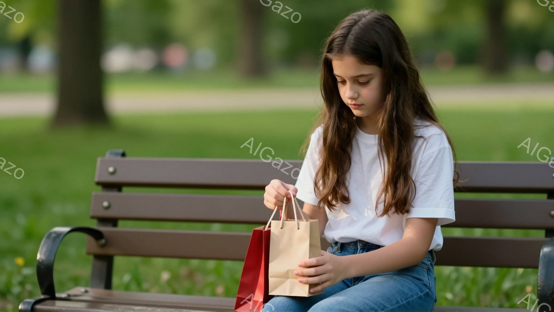 長い茶色の髪をした少女が公園のベンチに座り、茶色の紙袋を見つめている。彼女は白いTシャツとジーンズを着ており、少し物憂げな表情をしている。背景には緑豊かな木々と道が見え、晴れた日の穏やかな雰囲気が漂っている。