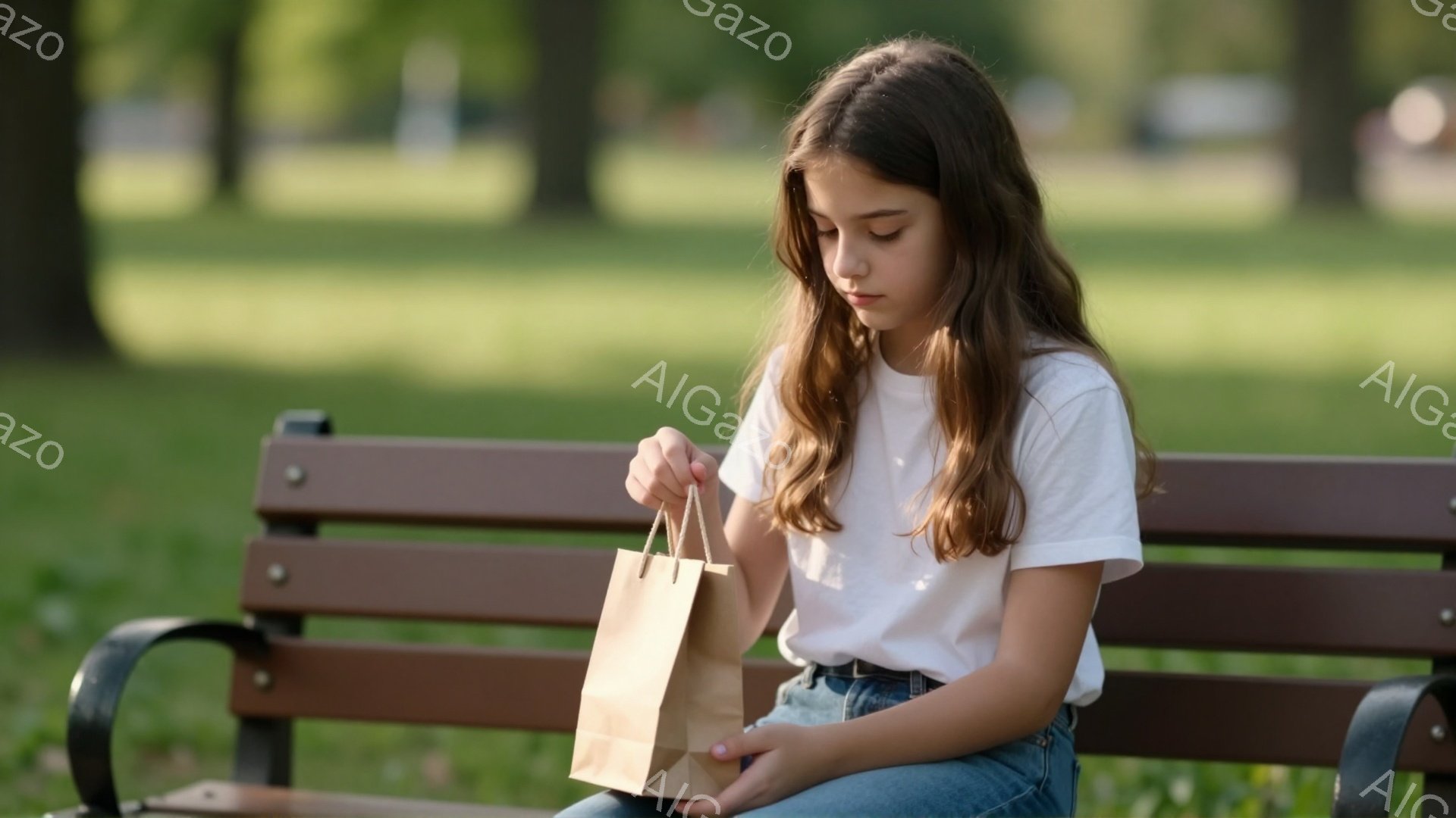茶髪の少女が公園のベンチに座り、茶色の紙袋を手に持っている。白いTシャツとデニムのズボンを着用し、少しうつむき加減で、何かを確かめるような仕草をしている。背景には緑豊かな木々が生い茂り、晴れた日の穏やかな雰囲気が感じられる。