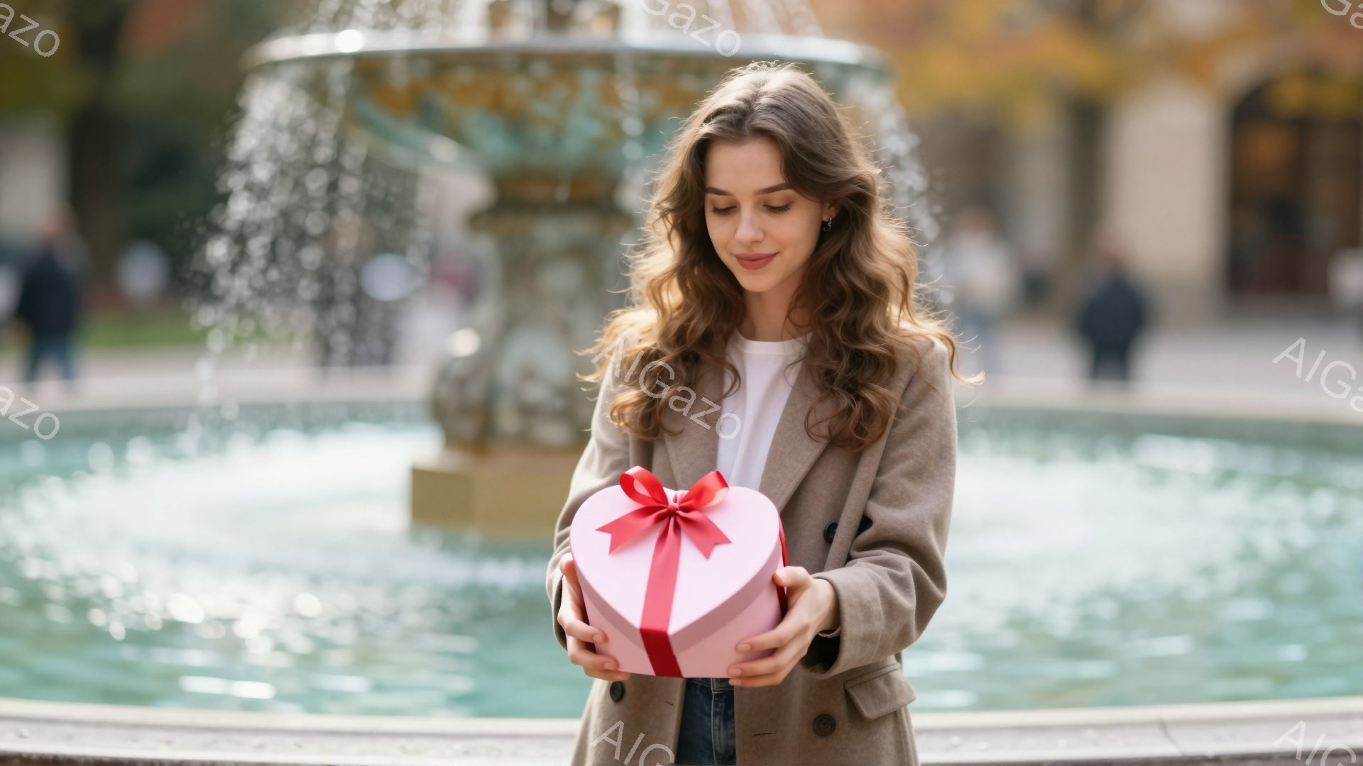 明るい栗色の髪を肩まで垂らし、ベージュ色のコートを着た若い女性が、ピンク色のハート型のギフトボックスを両手で抱えています。彼女は微笑んでおり、柔らかい表情でギフトボックスを見つめています。背景には、水が噴き出す噴水と、秋らしい色の木々が見え、穏やかで優しい雰囲気のショットです。