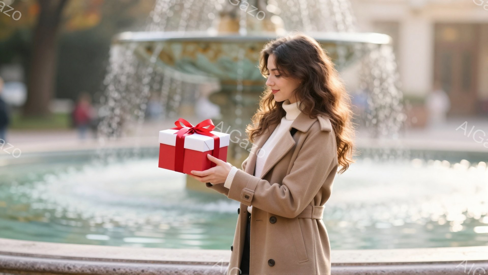 長い巻き毛の女性が、赤いリボンのかかった白いギフトボックスを手に持っています。彼女はベージュ色のコートと白いセーターを着ており、優しい表情を浮かべています。背景には噴水とぼやけた緑の木々があり、晴れた - AI生成フリー素材