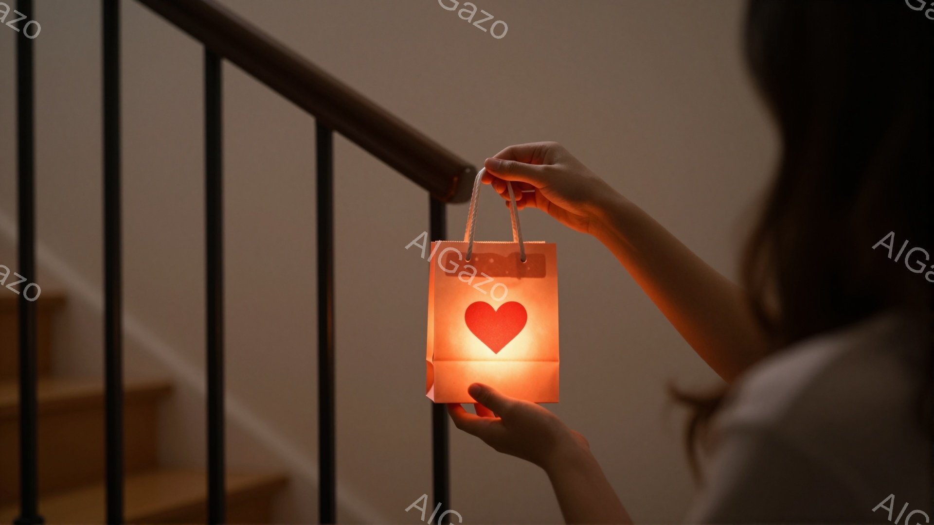 画像は、階段の手すりに寄りかかりながら、オレンジ色の光を放つハート型の切り抜きが入った小さな紙袋を持つ女性の手を捉えています。女性は白いシャツを着ており、髪は長く、後ろに流れています。背景は、ぼやけた - AI生成フリー素材