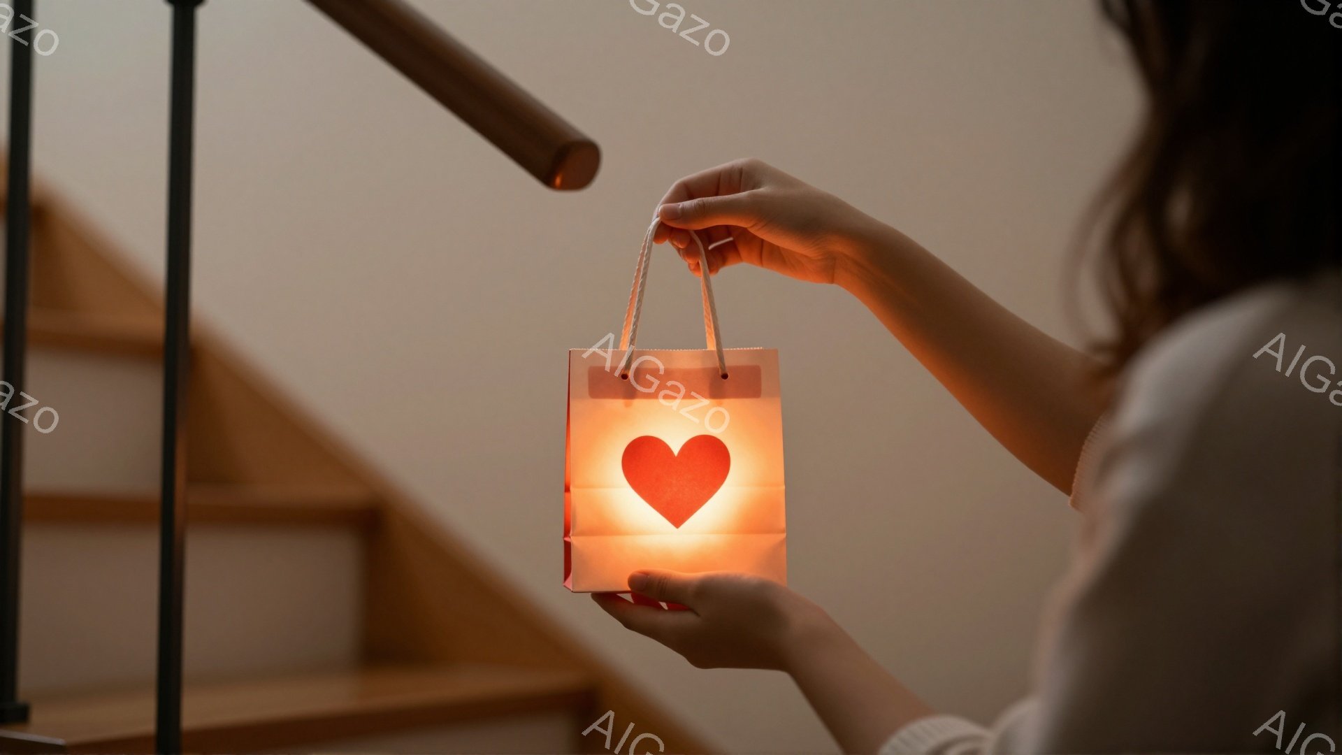 階段のそばで、女性が光るハート型の切り抜きがされた小さな紙袋を持っています。彼女は白いセーターを着ており、髪は後ろでまとめられています。背景はぼやけた階段で、全体的に暖かく、優しい雰囲気が漂っています。