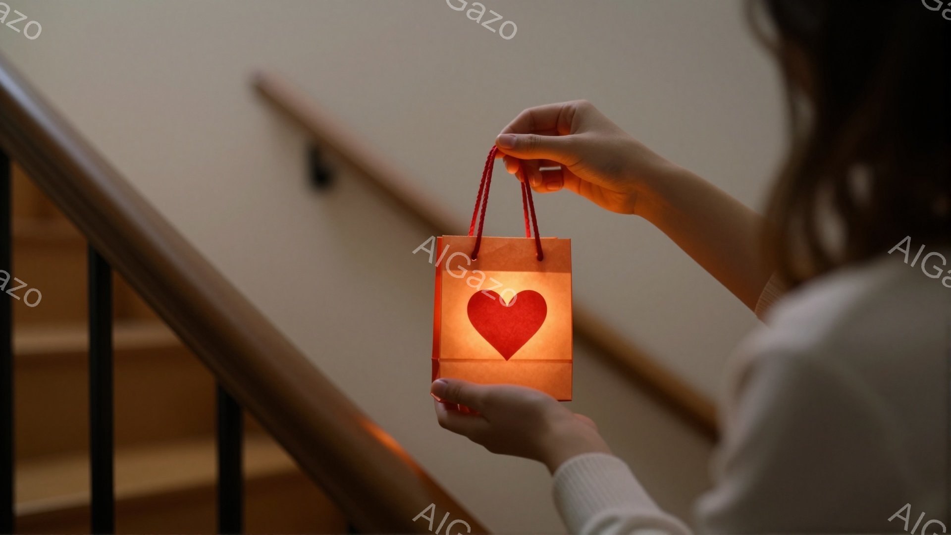 白いセーターを着た人物が、ハートが描かれた小さなオレンジ色の紙袋を両手で持っている。背景には木製の階段が見え、暖かく柔らかな光が紙袋を照らしている。全体的に、愛情や贈り物、または特別なイベントを暗示するような、優しく温かい雰囲気である。