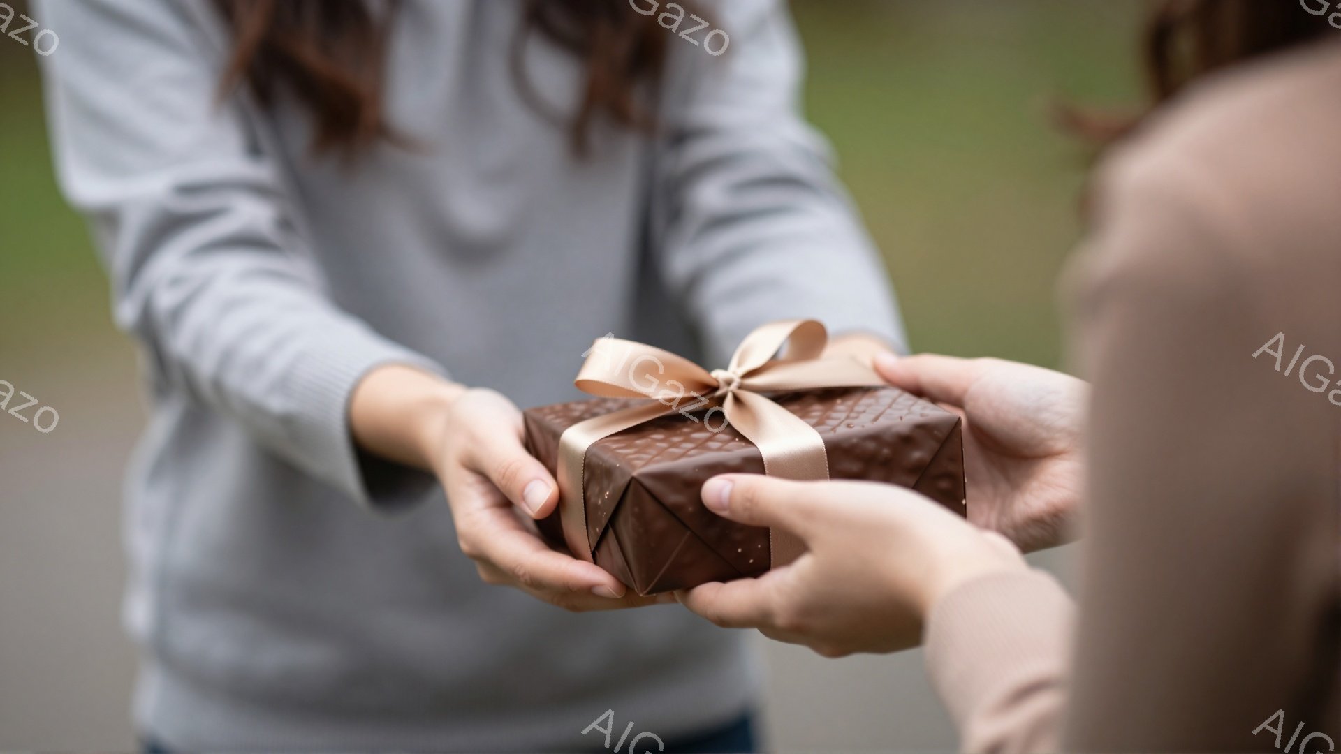 灰色のセーターを着た人物が、茶色いリボンで飾られた四角いプレゼントボックスを別の人物に差し出している様子が写っている。プレゼントボックスはテクスチャがあり、ラッピングペーパーは深茶色である。背景はぼやけており、自然光で撮影されたようで、穏やかで心温まる雰囲気が漂う。