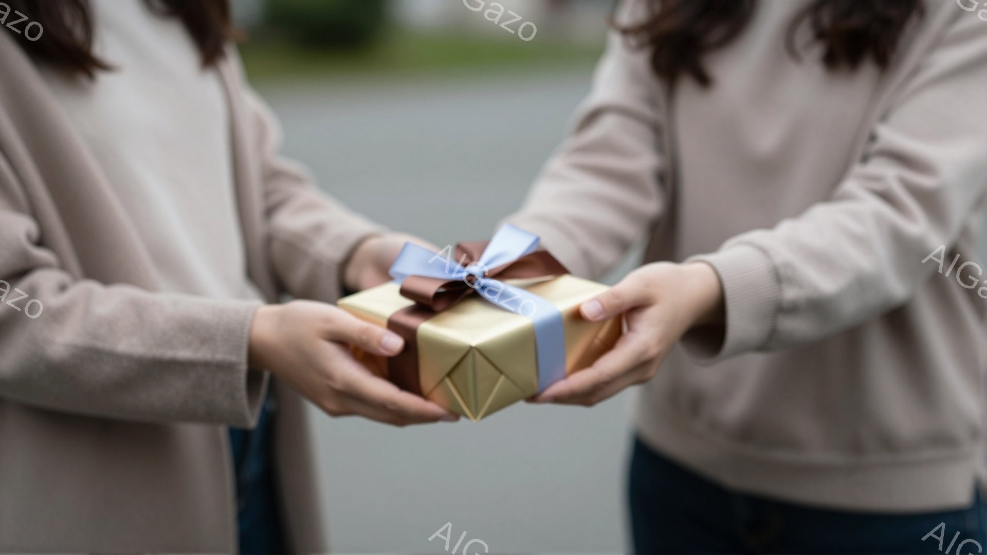 二人の人物が、きらびやかな包装紙で飾られた小さなギフトボックスを互いに向かい合わせて差し出しています。二人は薄いベージュ色のセーターを着ており、髪は肩にかかる程度の長さです。背景はぼやけていますが、コンクリートの地面とわずかに見える建物や緑が確認でき、穏やかで温かい雰囲気を醸し出しています。