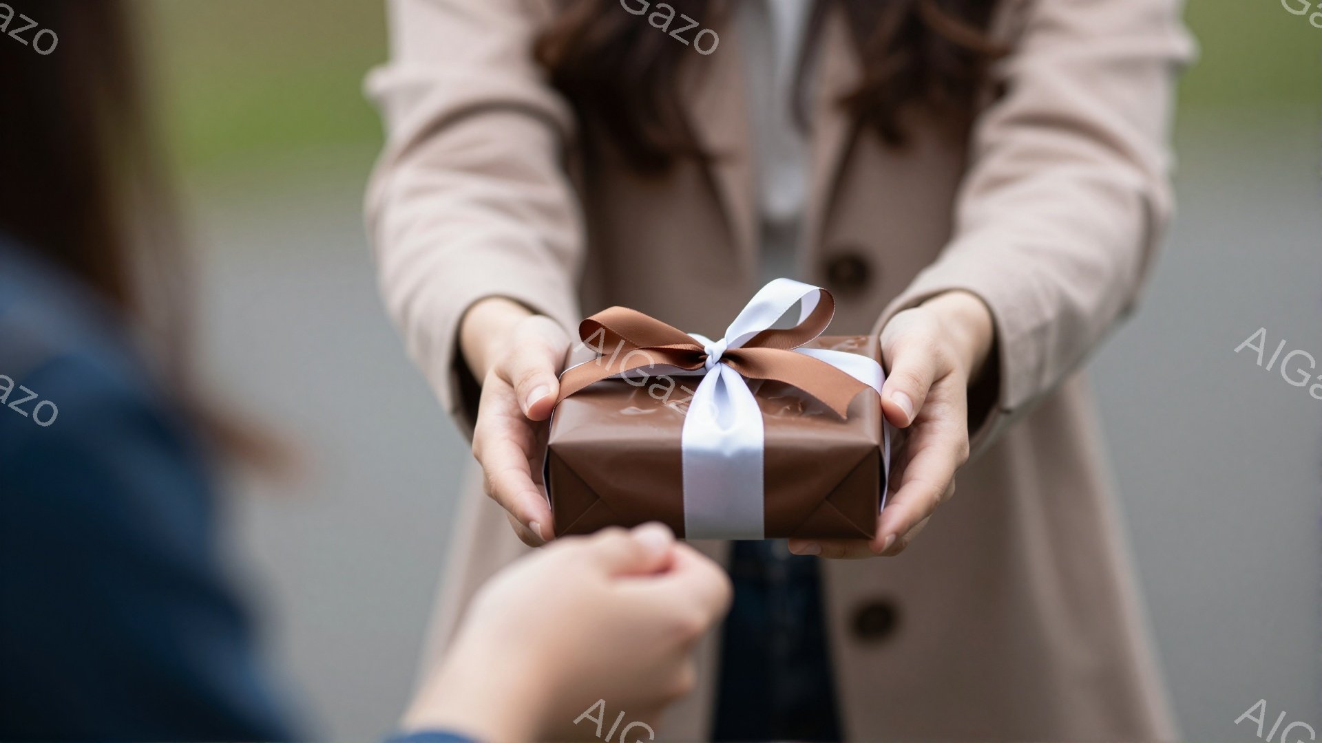 茶色の包装紙と白いリボンで丁寧にラッピングされた小さなギフトボックスが、誰かの手の前で差し出されています。贈り主はベージュ色のコートを着ており、おそらく肩までの長さの茶色の髪です。背景はぼやけており、自然光が差し込む屋外の風景の一部であると思われますが、詳細は不明です。